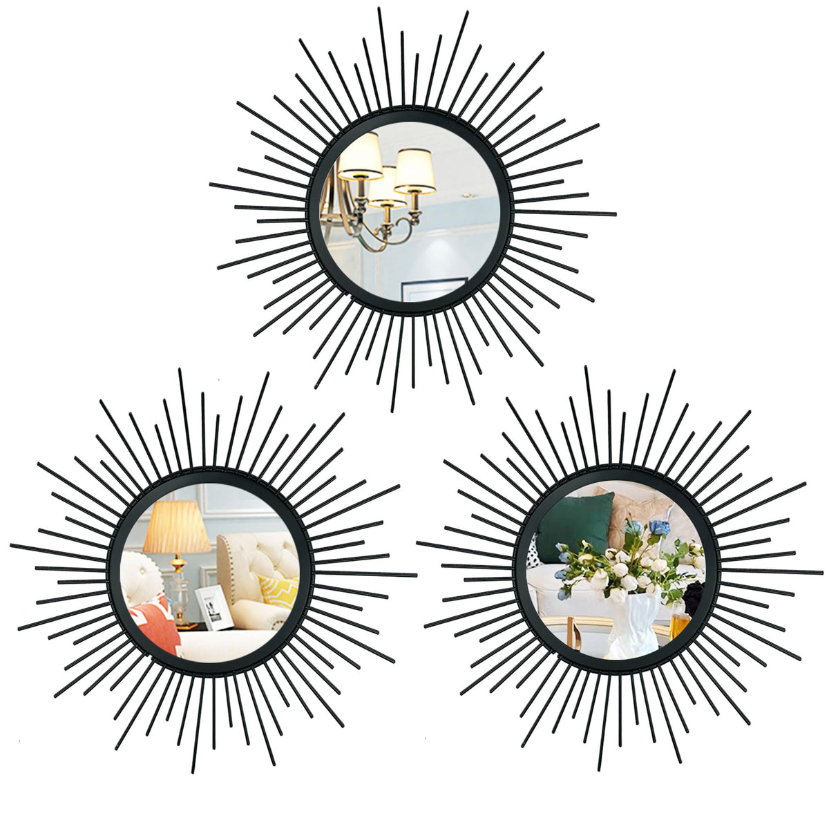 Gold Metal Sunburst Decorative Wall Mirrors, Set of 3