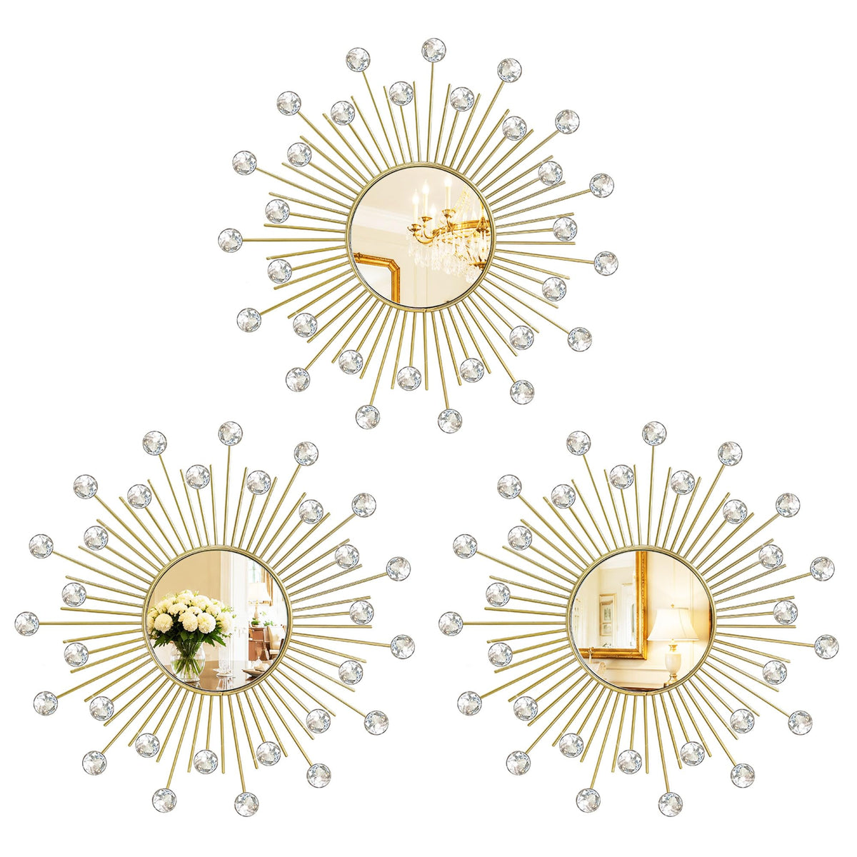 Gold Metal Sunburst Decorative Wall Mirrors, Set of 3