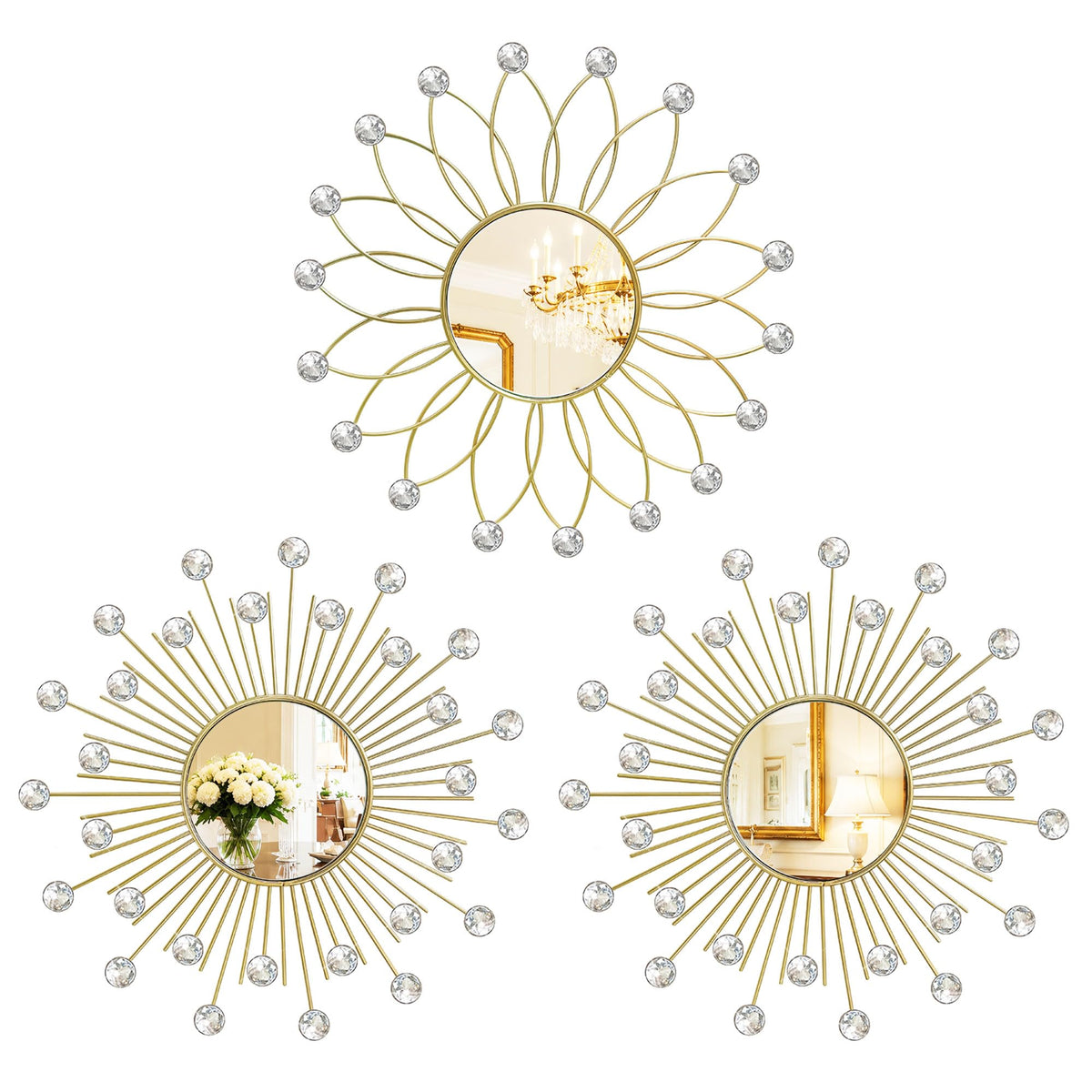 Gold Metal Sunburst Decorative Wall Mirrors, Set of 3
