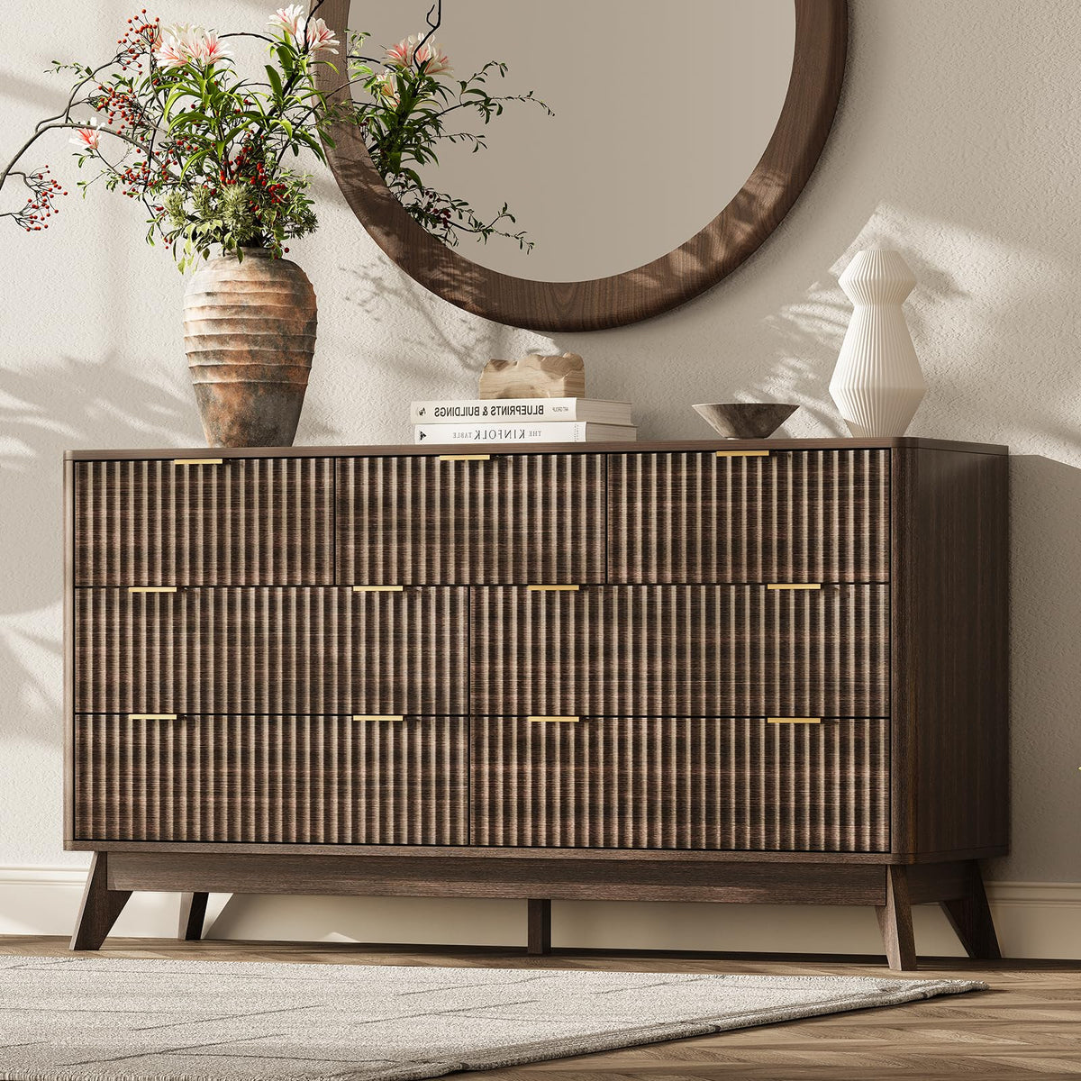 TROJM Fluted Bedroom Dresser with Curved Edge Design
