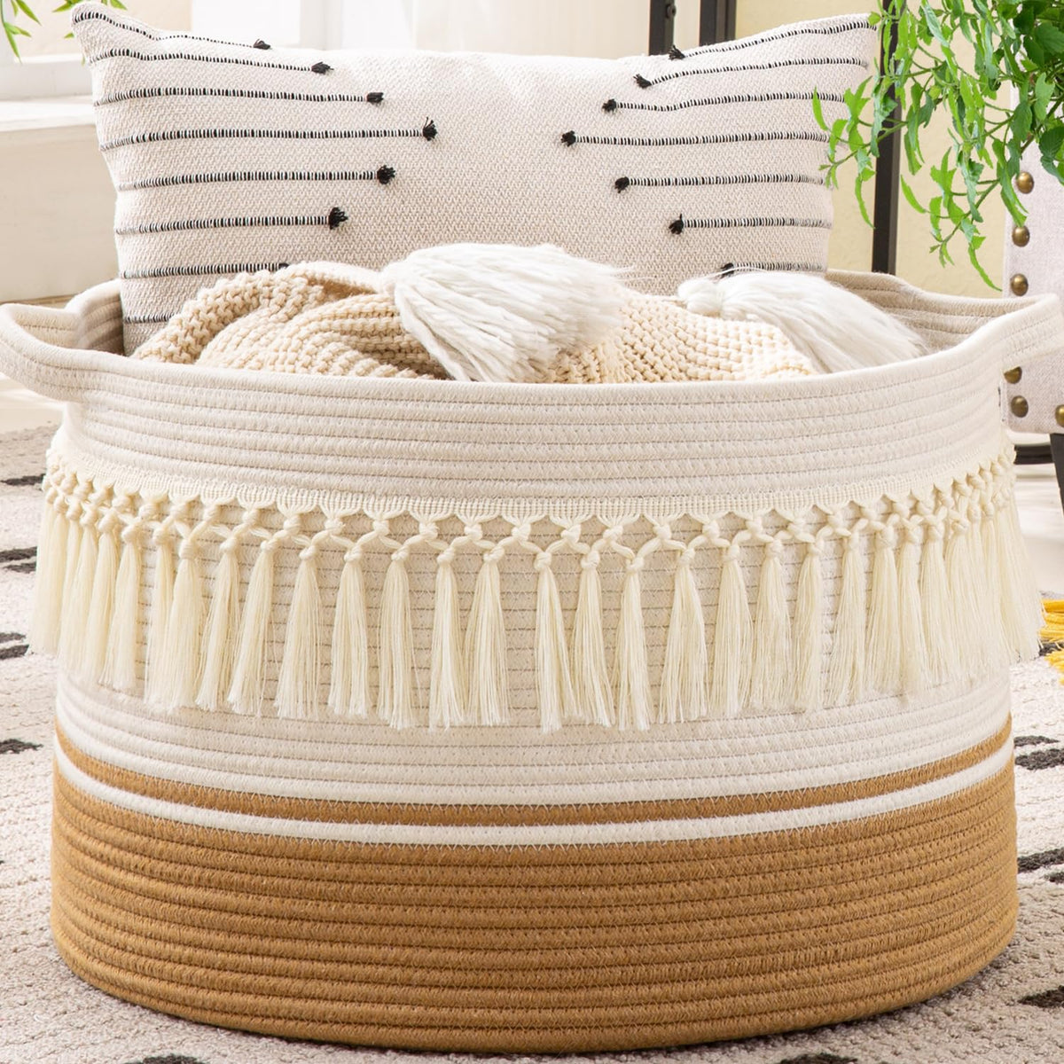 KAKAMAY 20 x 13-Inch Woven Cotton Rope Storage Basket