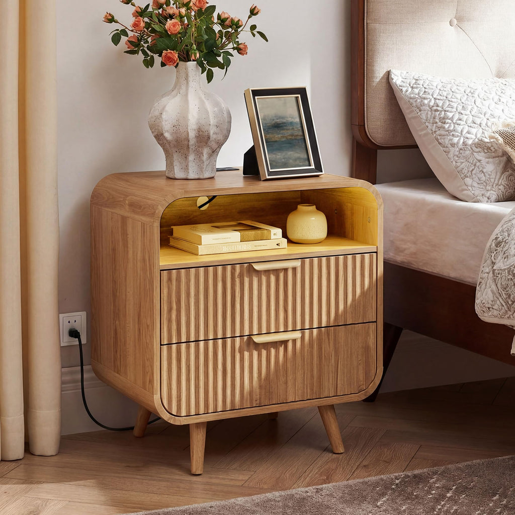 Curved 2-Drawer Nightstand with Charging Station & LED Light