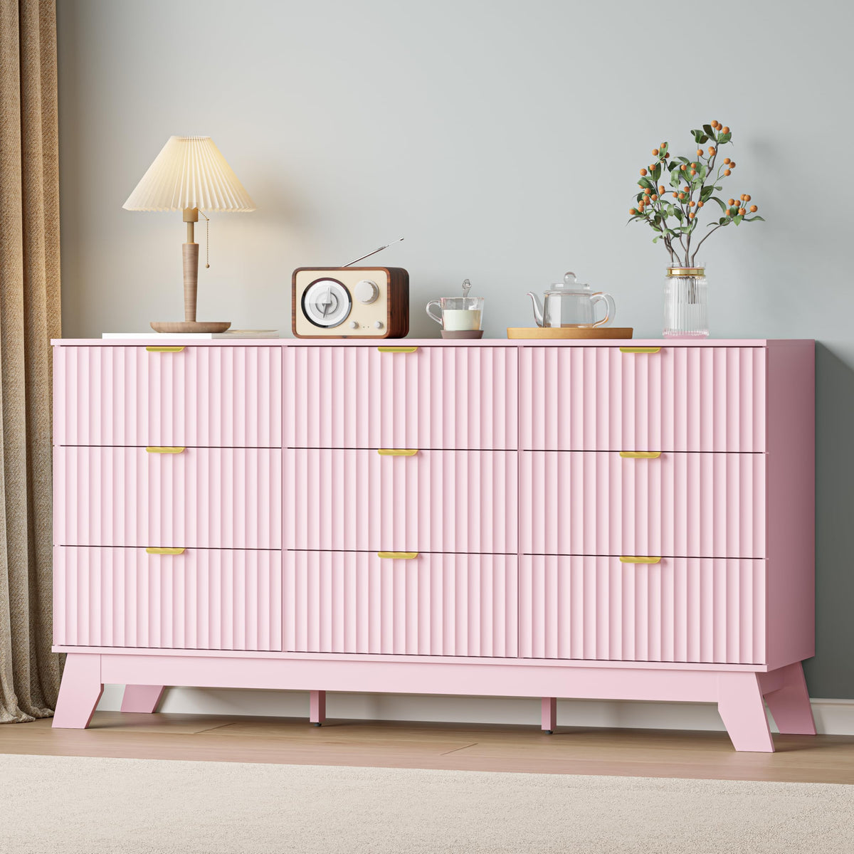 IAISRO 57-Inch Fluted 9-Drawer Dresser with Gold Handles