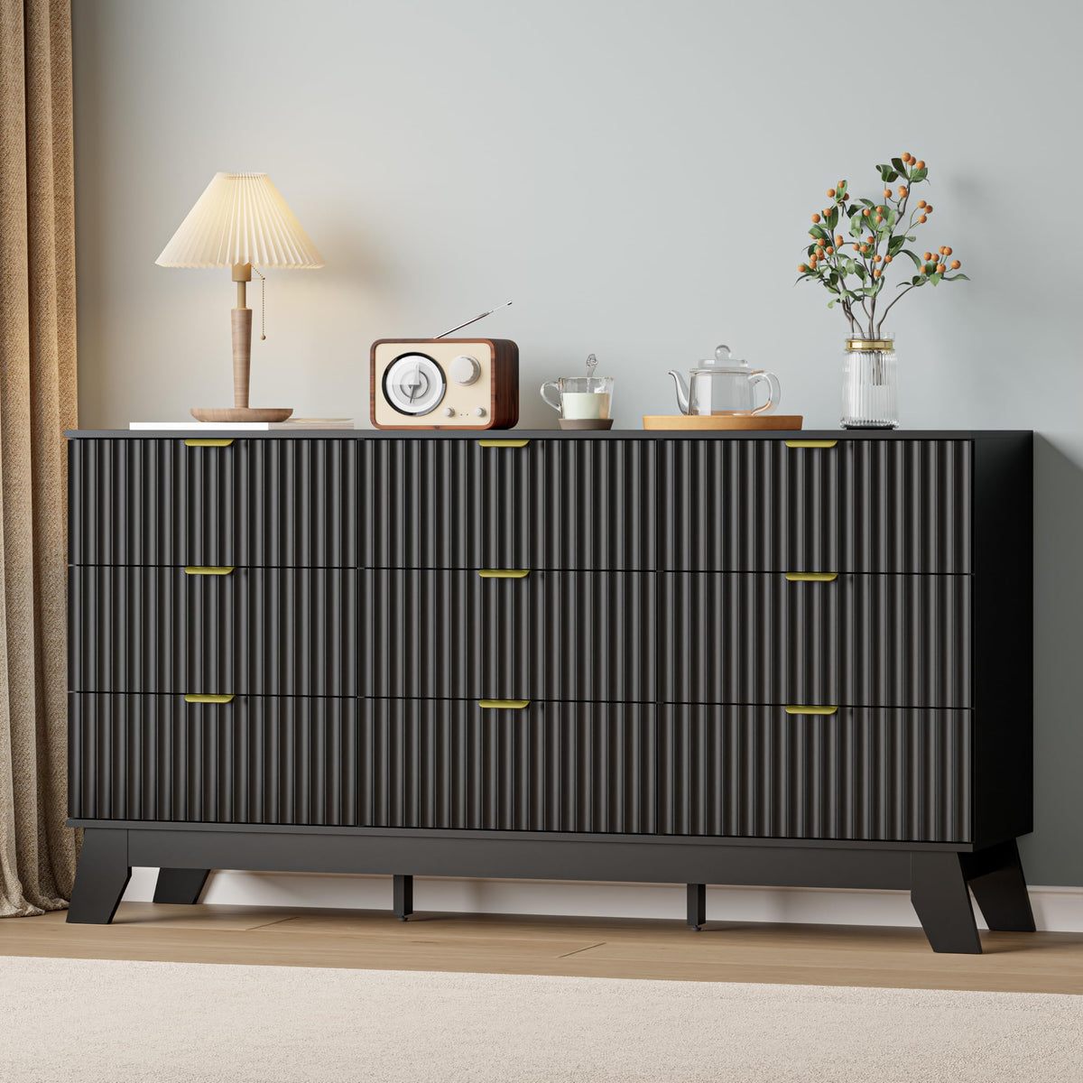 IAISRO 57-Inch Fluted 9-Drawer Dresser with Gold Handles
