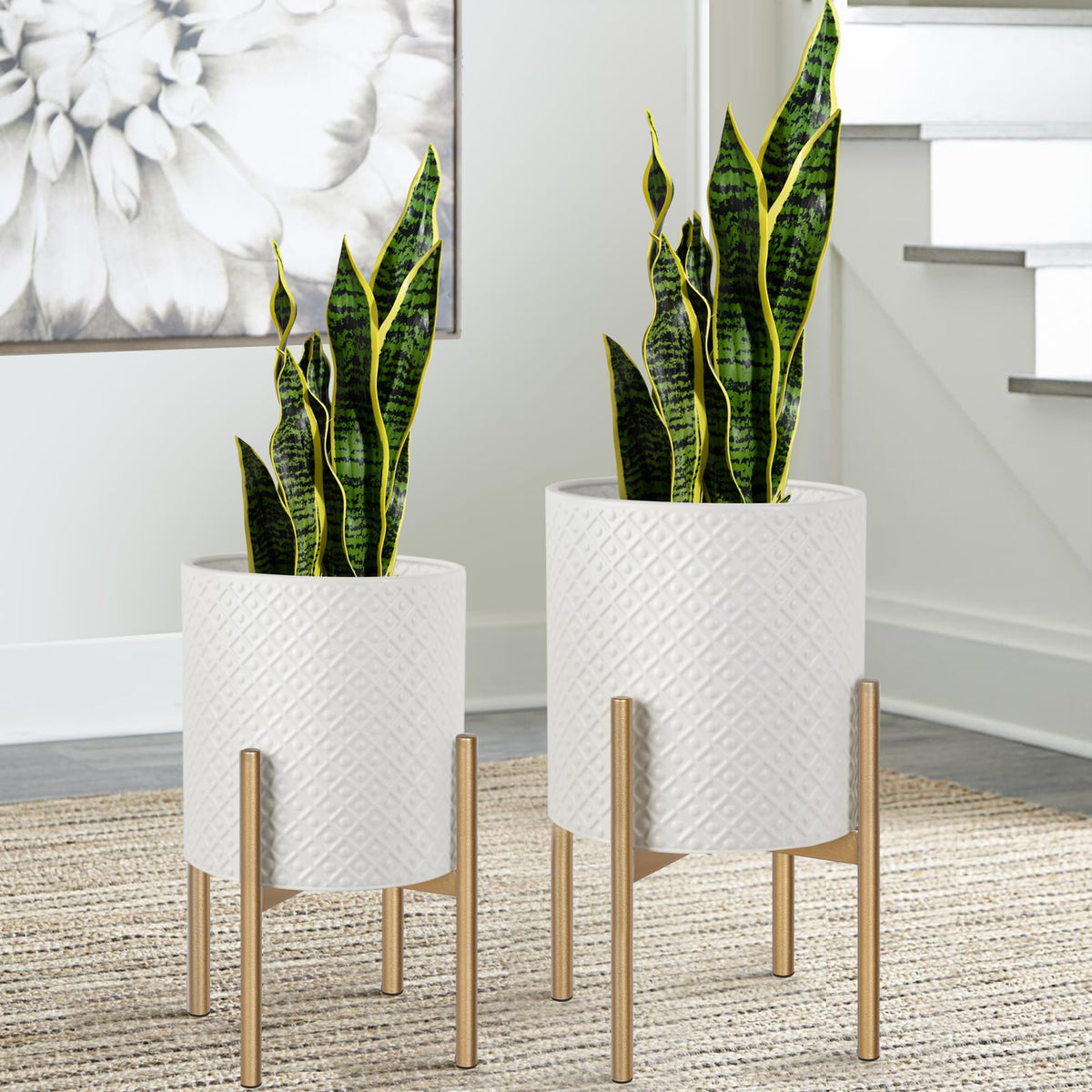 Oakrain Modern Metal Indoor Plant Pots with Stand, Set of 2