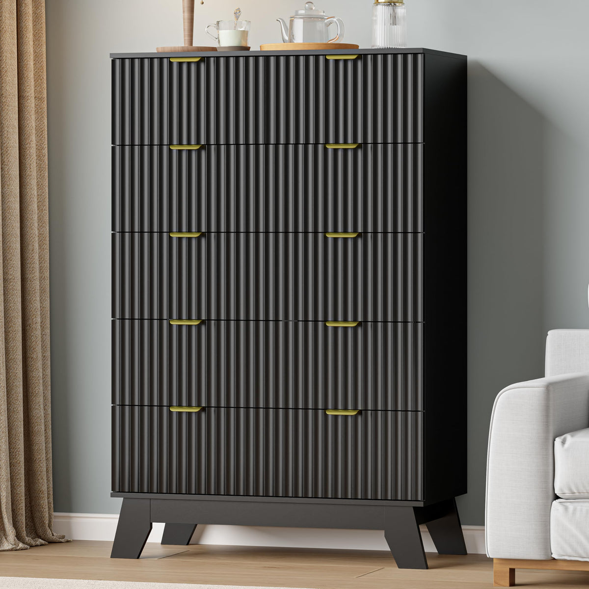 IAISRO 57-Inch Fluted 9-Drawer Dresser with Gold Handles