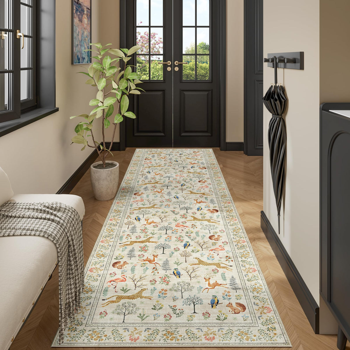 DUKINO Black Floral Area Rug for Modern Home Decor