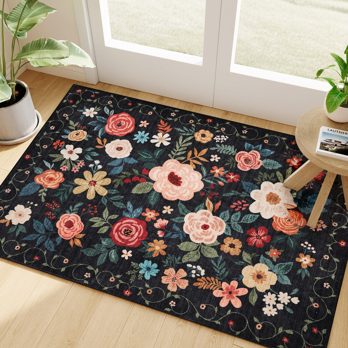 DUKINO Black Floral Area Rug for Modern Home Decor