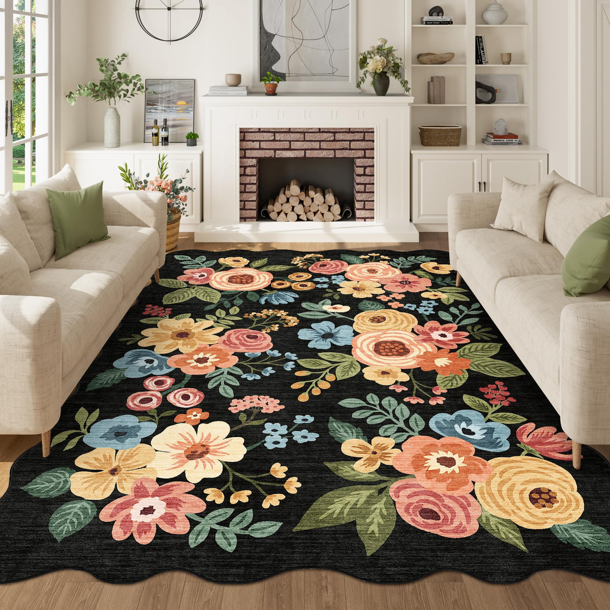 DUKINO Black Floral Area Rug for Modern Home Decor