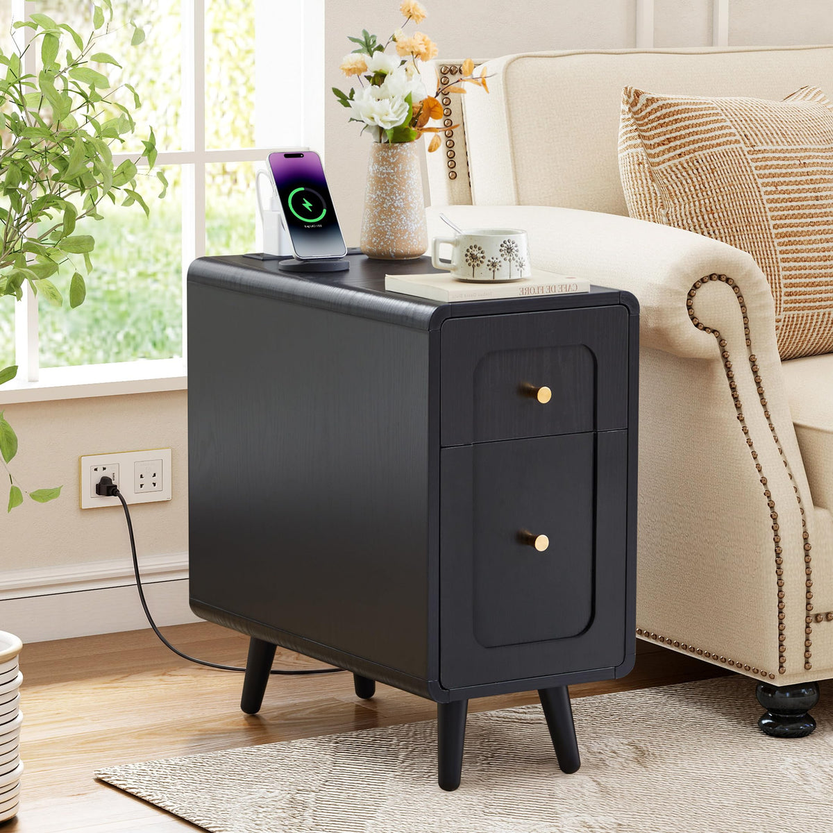 Slim Nightstand End Table with Built-In Charging Station