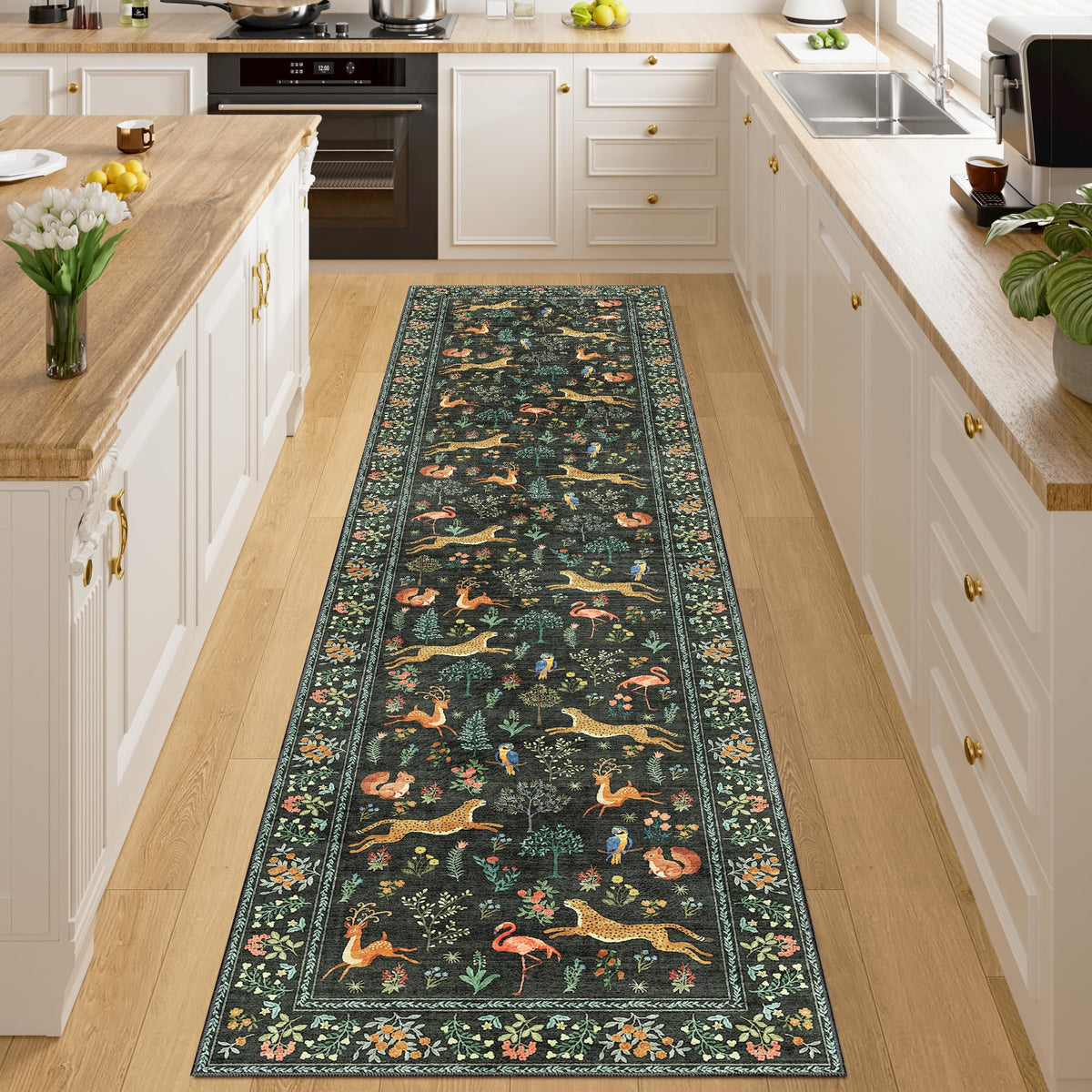 DUKINO Black Floral Area Rug for Modern Home Decor