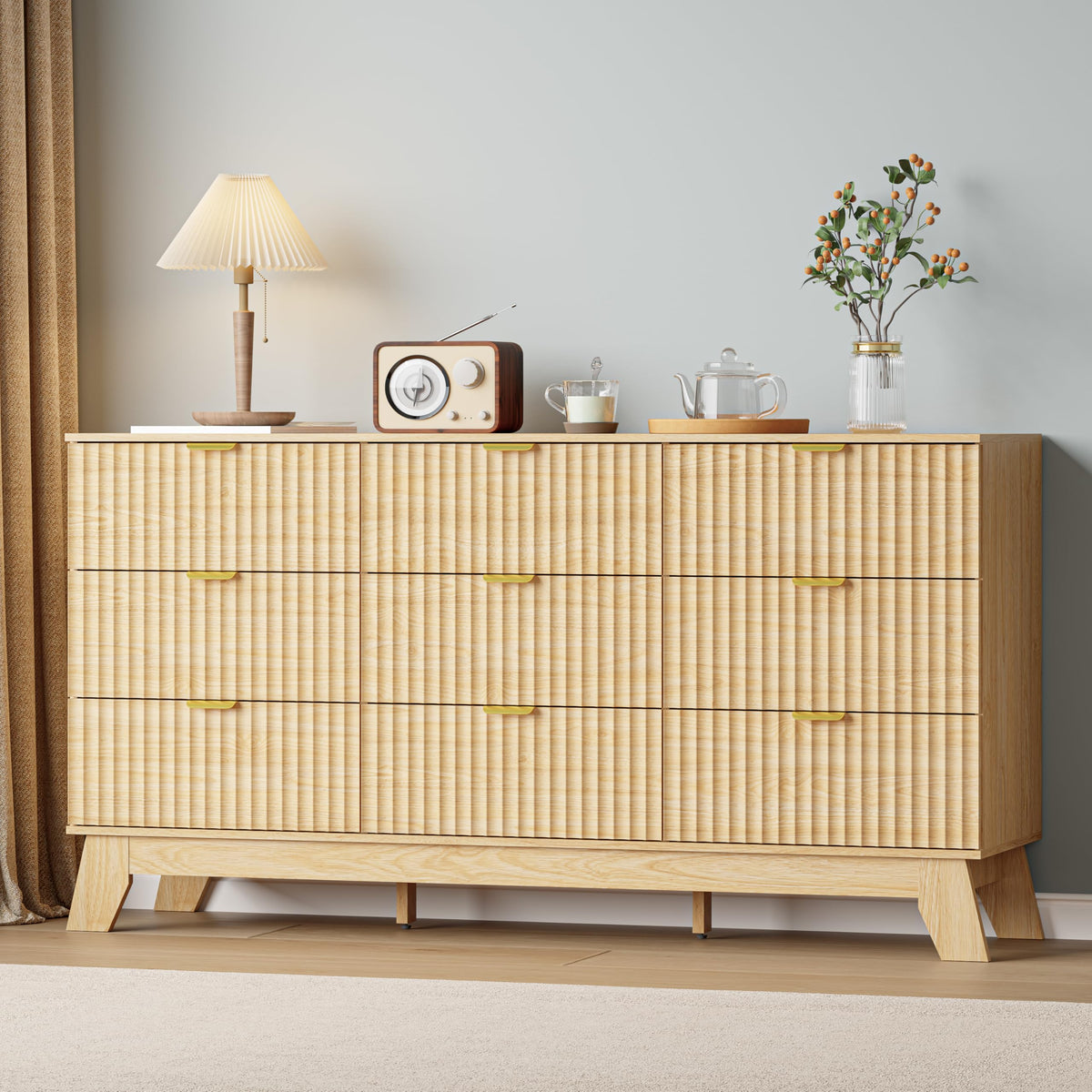 IAISRO 57-Inch Fluted 9-Drawer Dresser with Gold Handles
