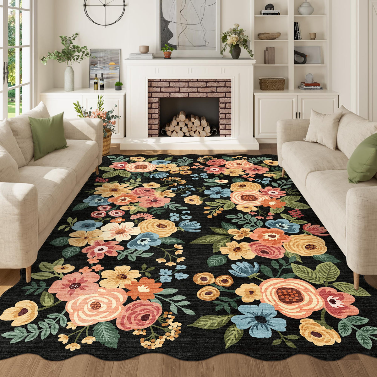DUKINO Black Floral Area Rug for Modern Home Decor