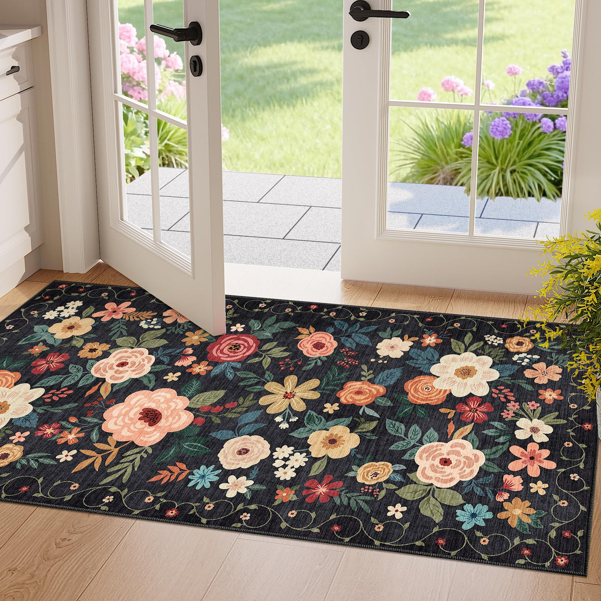 DUKINO Black Floral Area Rug for Modern Home Decor