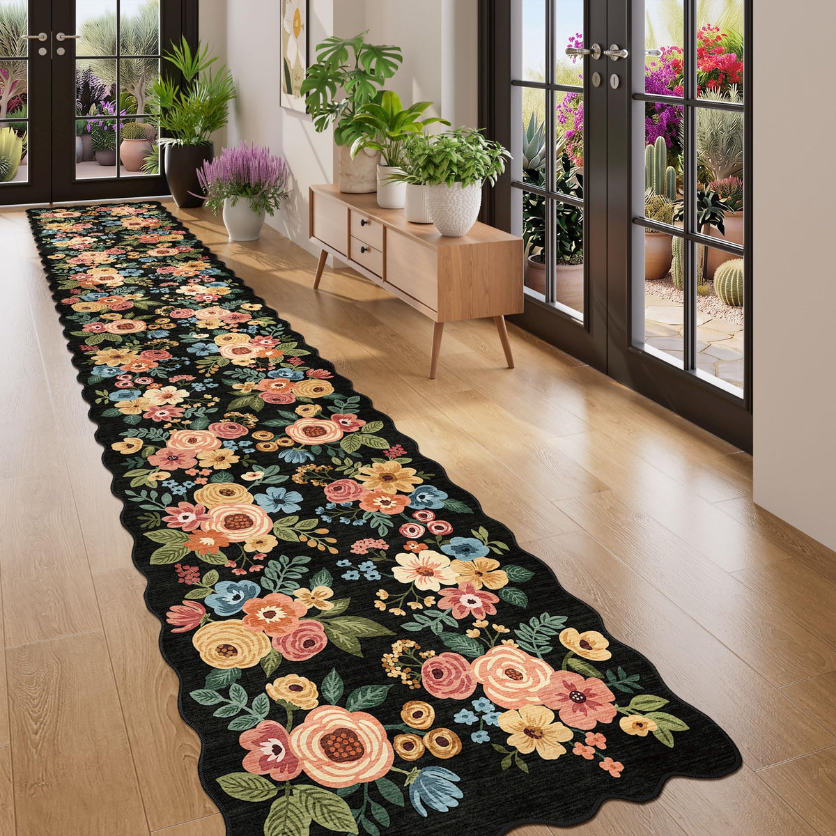 DUKINO Black Floral Area Rug for Modern Home Decor