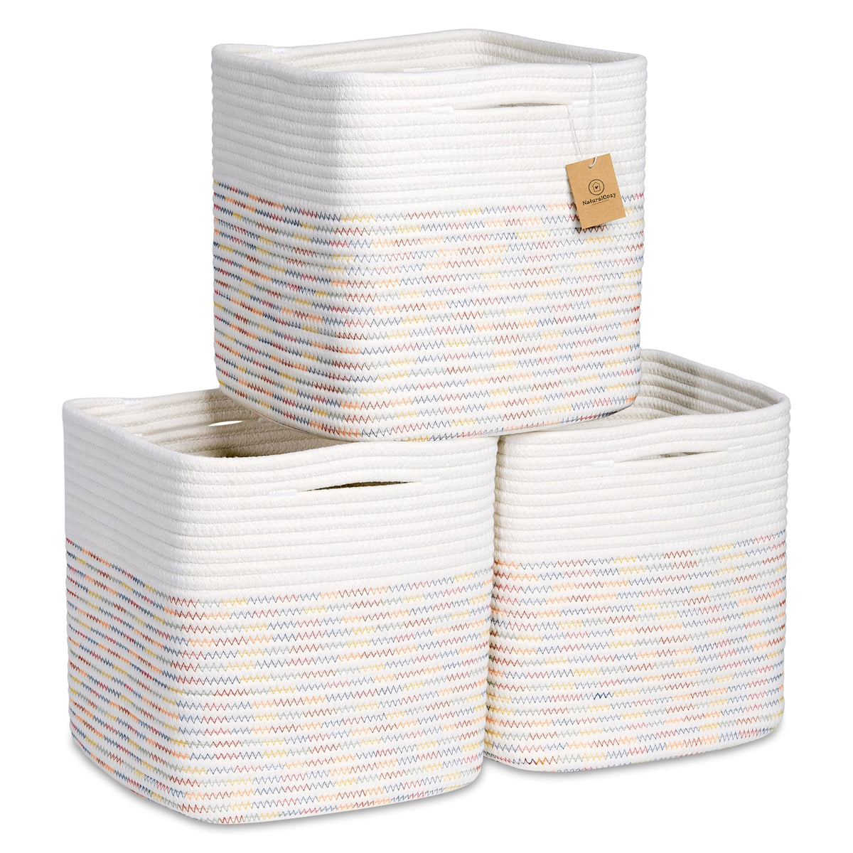 NaturalCozy 11-Inch Cube Rope Storage Baskets, 3-Pack
