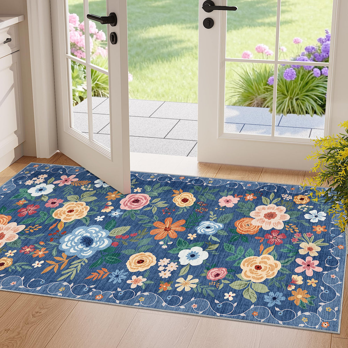 DUKINO Black Floral Area Rug for Modern Home Decor