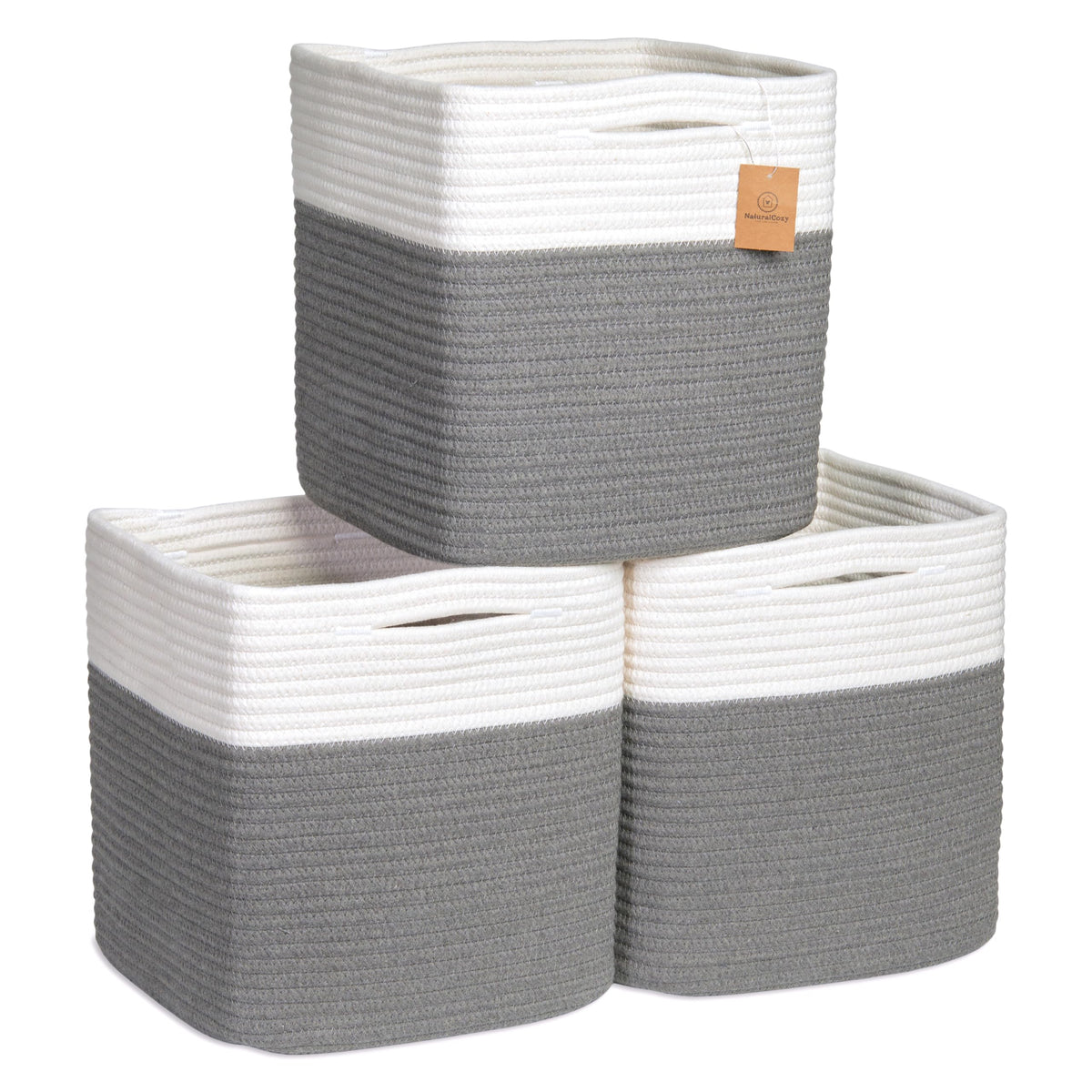 NaturalCozy 11-Inch Cube Rope Storage Baskets, 3-Pack