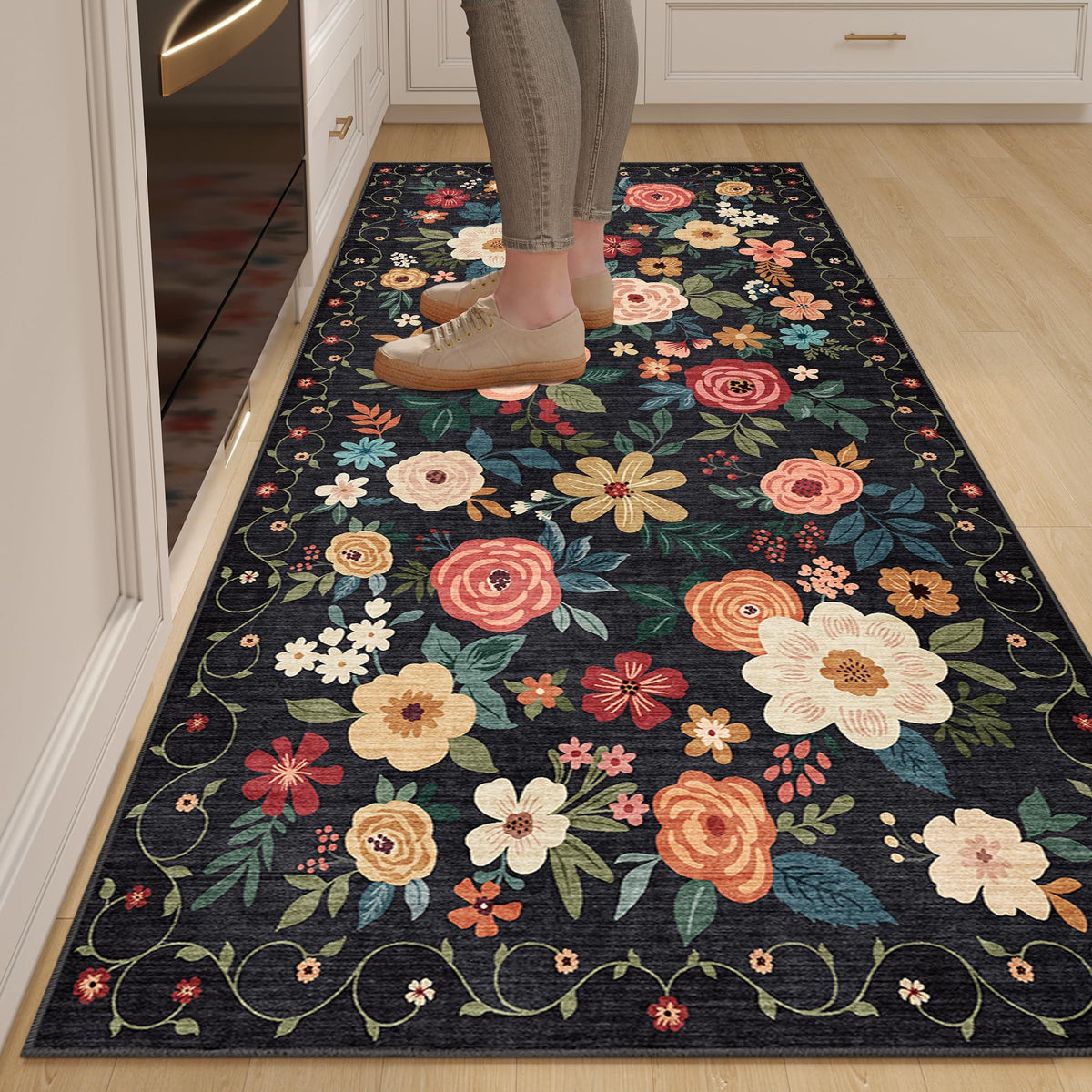 DUKINO Black Floral Area Rug for Modern Home Decor