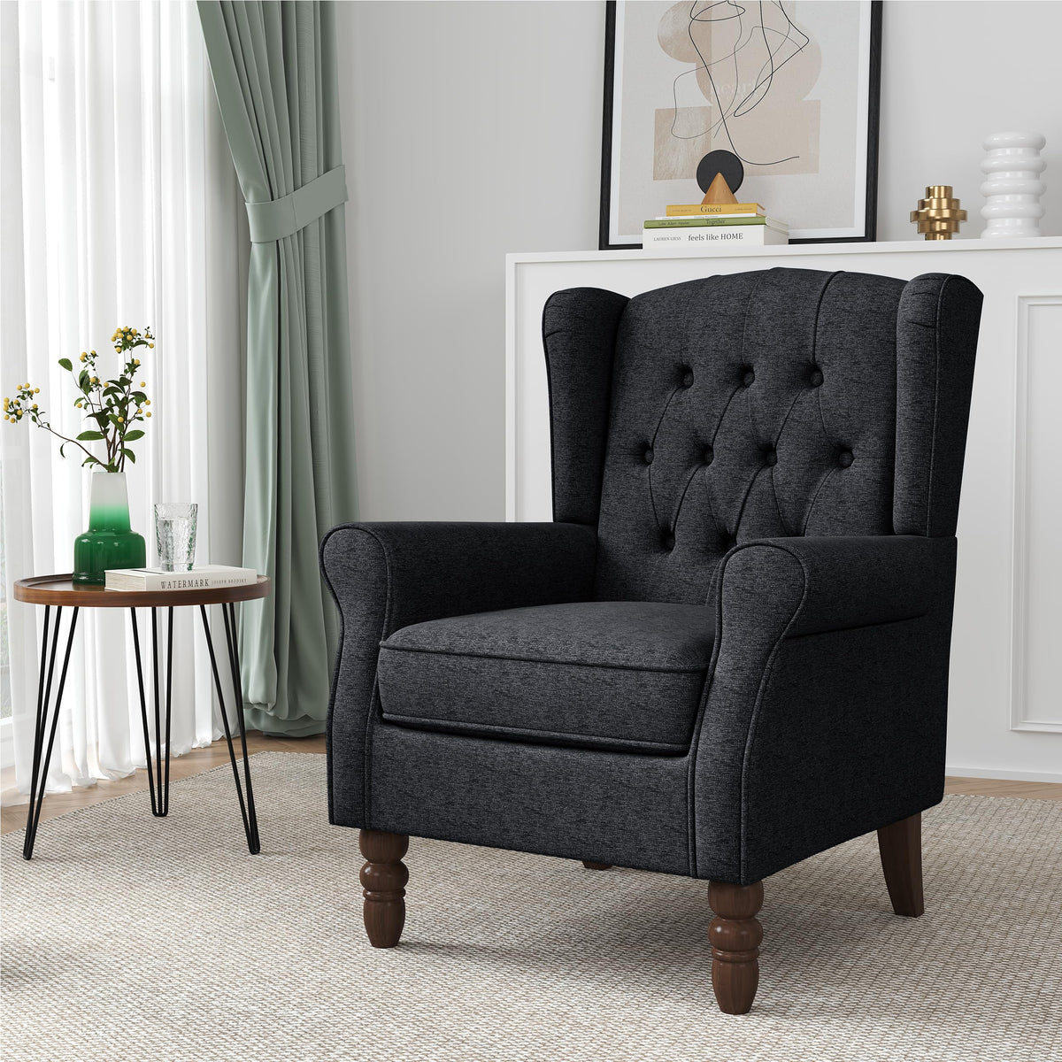 Qatiby Tufted Wingback Accent Chair, High Back Armchair for Living Room