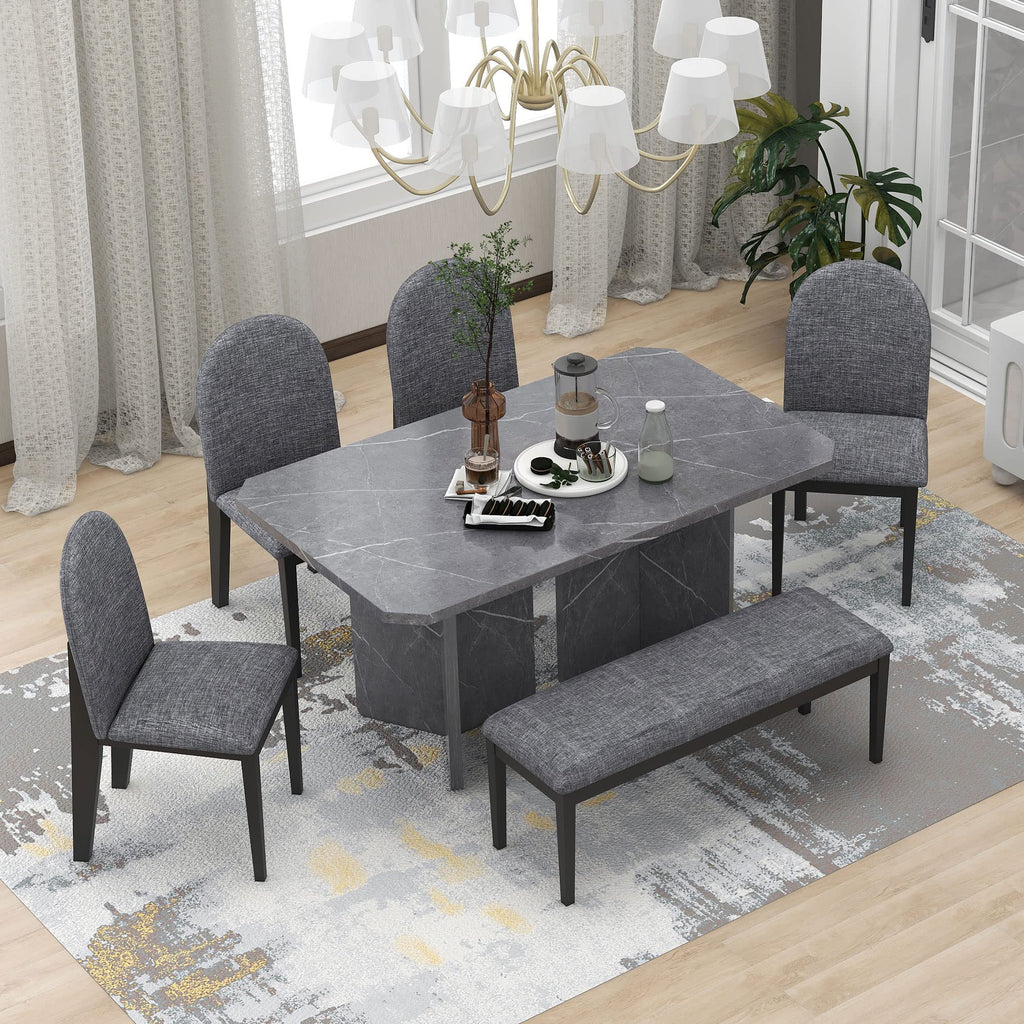 6-Piece Grey Faux Marble Dining Set with Chairs & Bench