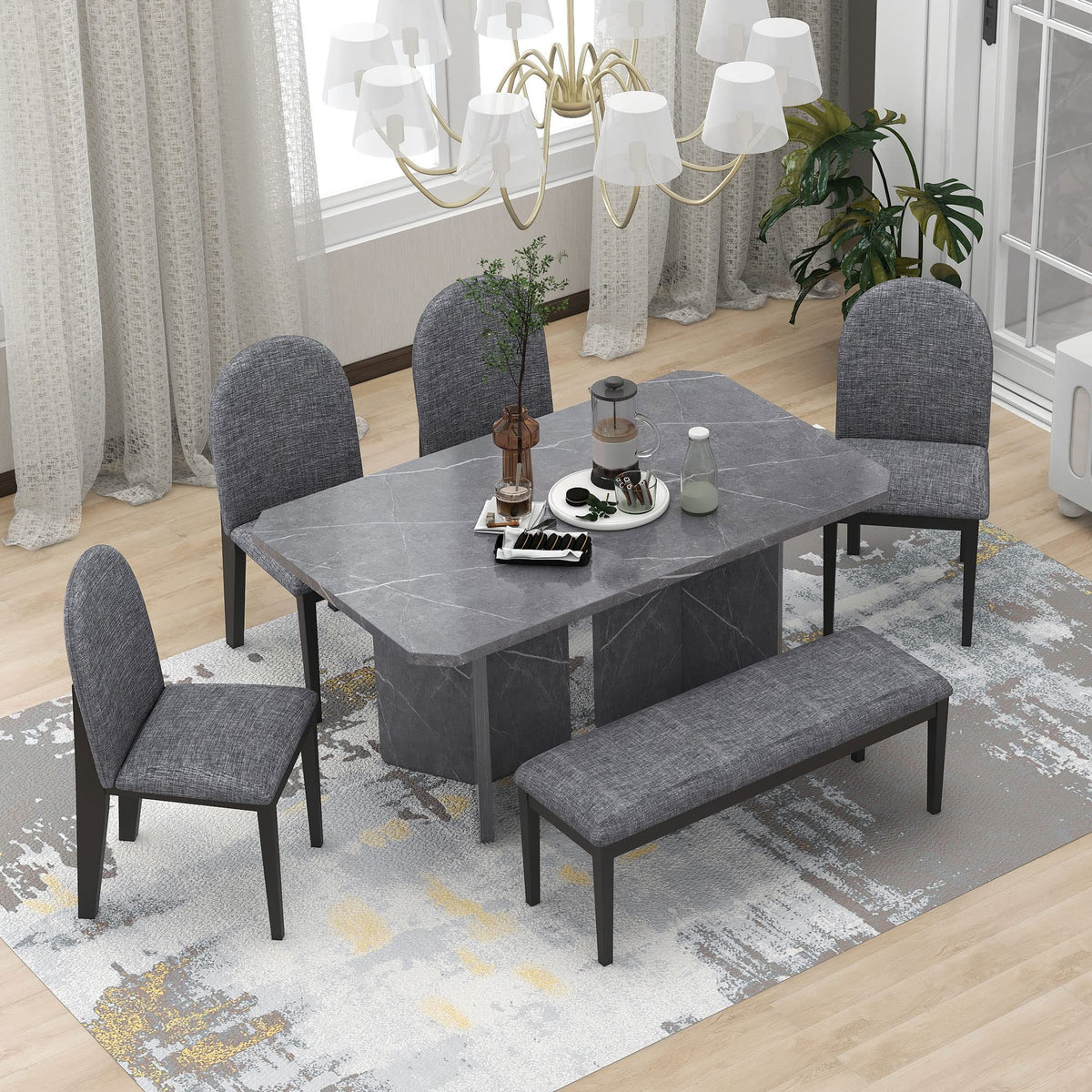 6-Piece Grey Faux Marble Dining Set with Chairs & Bench