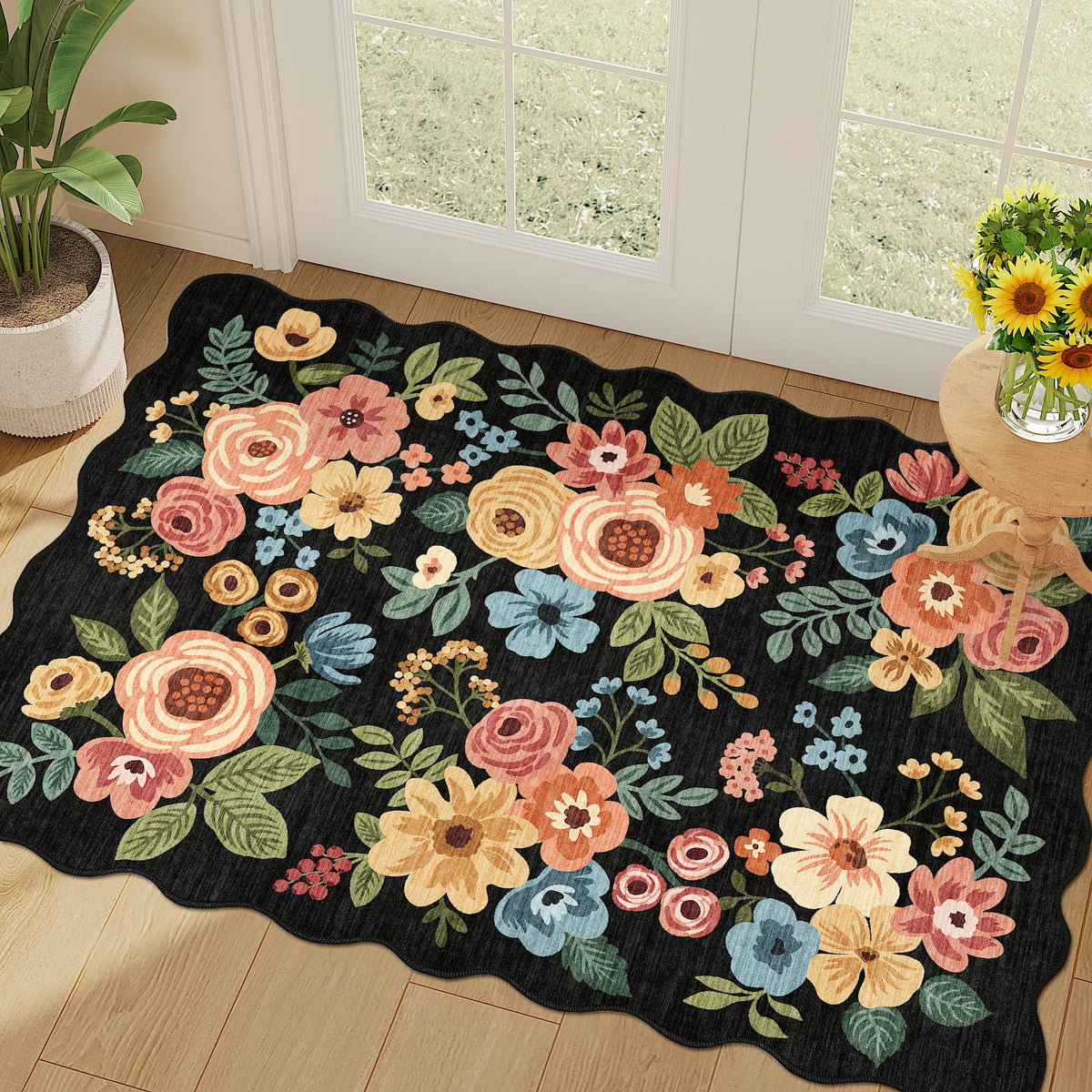 DUKINO Black Floral Area Rug for Modern Home Decor