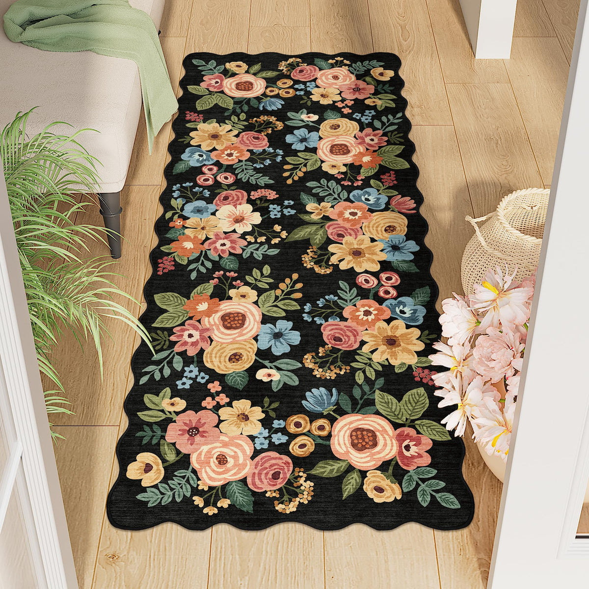 DUKINO Black Floral Area Rug for Modern Home Decor