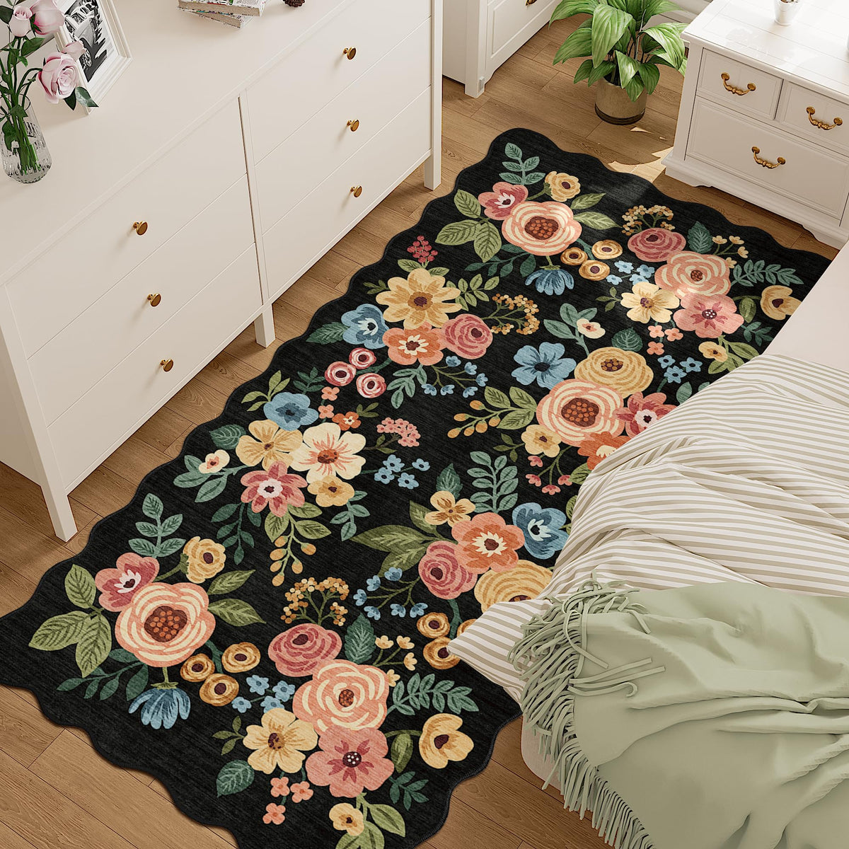 DUKINO Black Floral Area Rug for Modern Home Decor