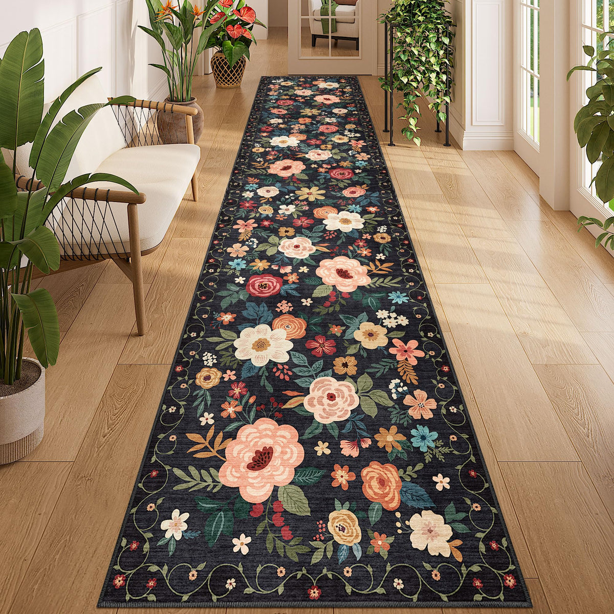 DUKINO Black Floral Area Rug for Modern Home Decor