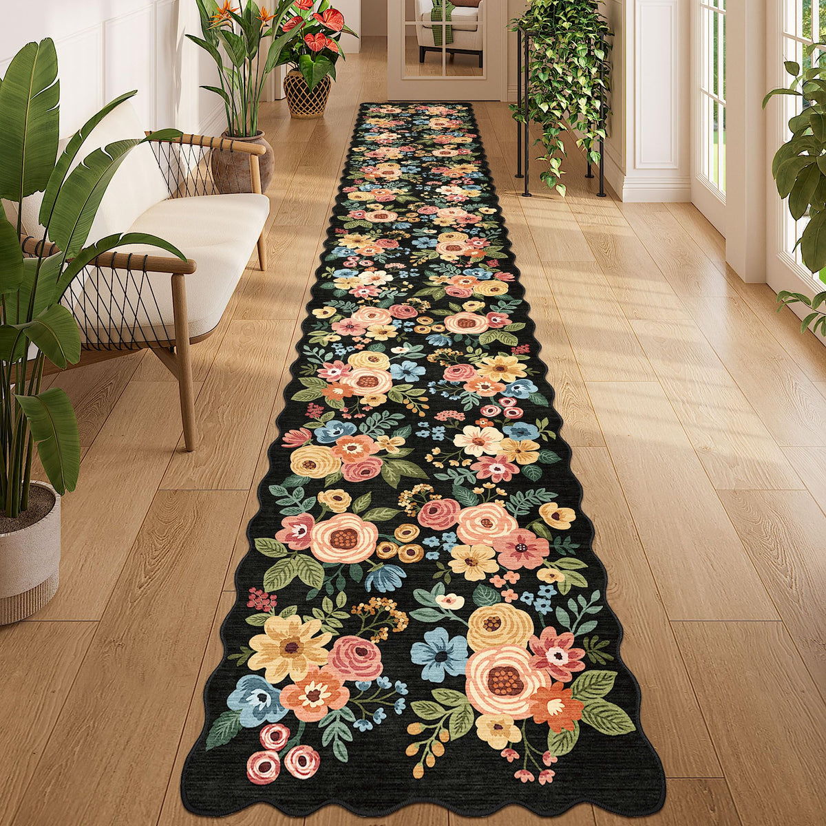 DUKINO Black Floral Area Rug for Modern Home Decor