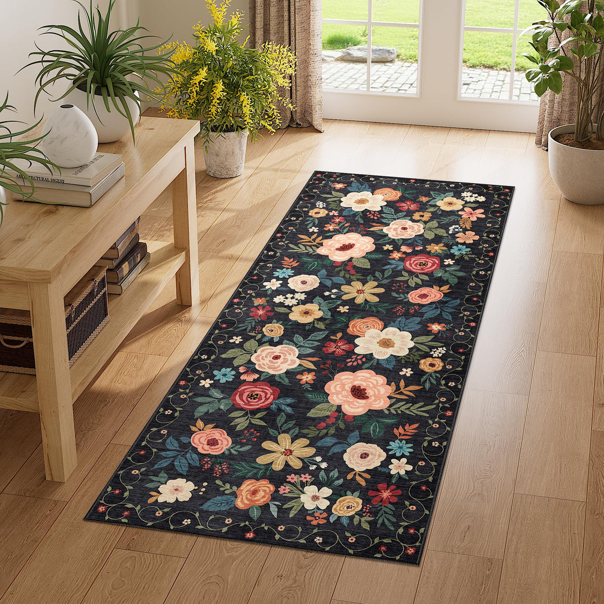 DUKINO Black Floral Area Rug for Modern Home Decor