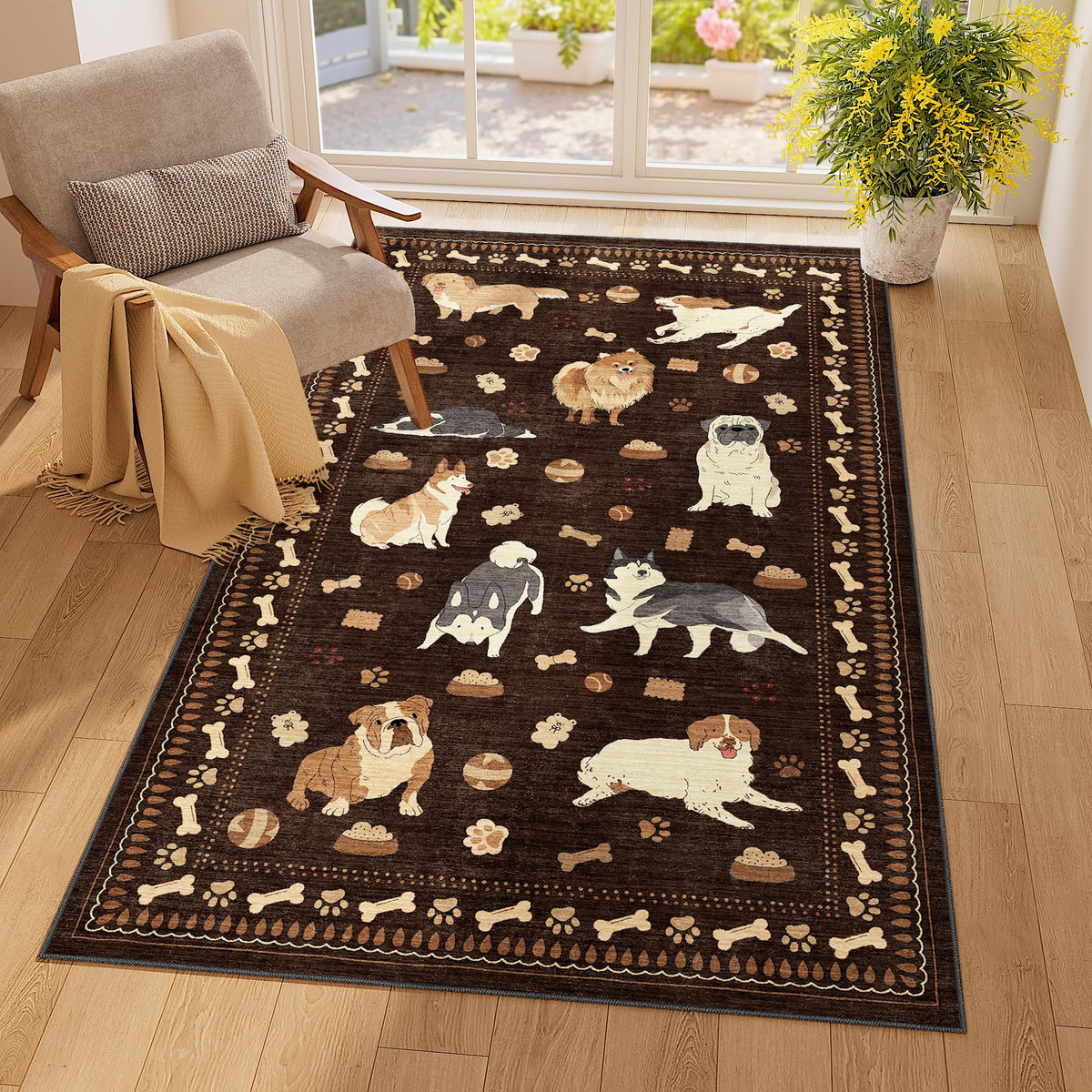 DUKINO Black Floral Area Rug for Modern Home Decor