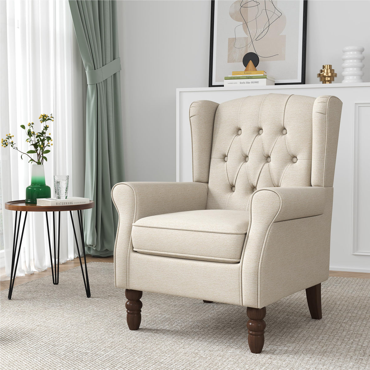 Qatiby Tufted Wingback Accent Chair, High Back Armchair for Living Room