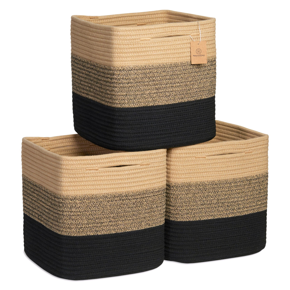 NaturalCozy 11-Inch Cube Rope Storage Baskets, 3-Pack