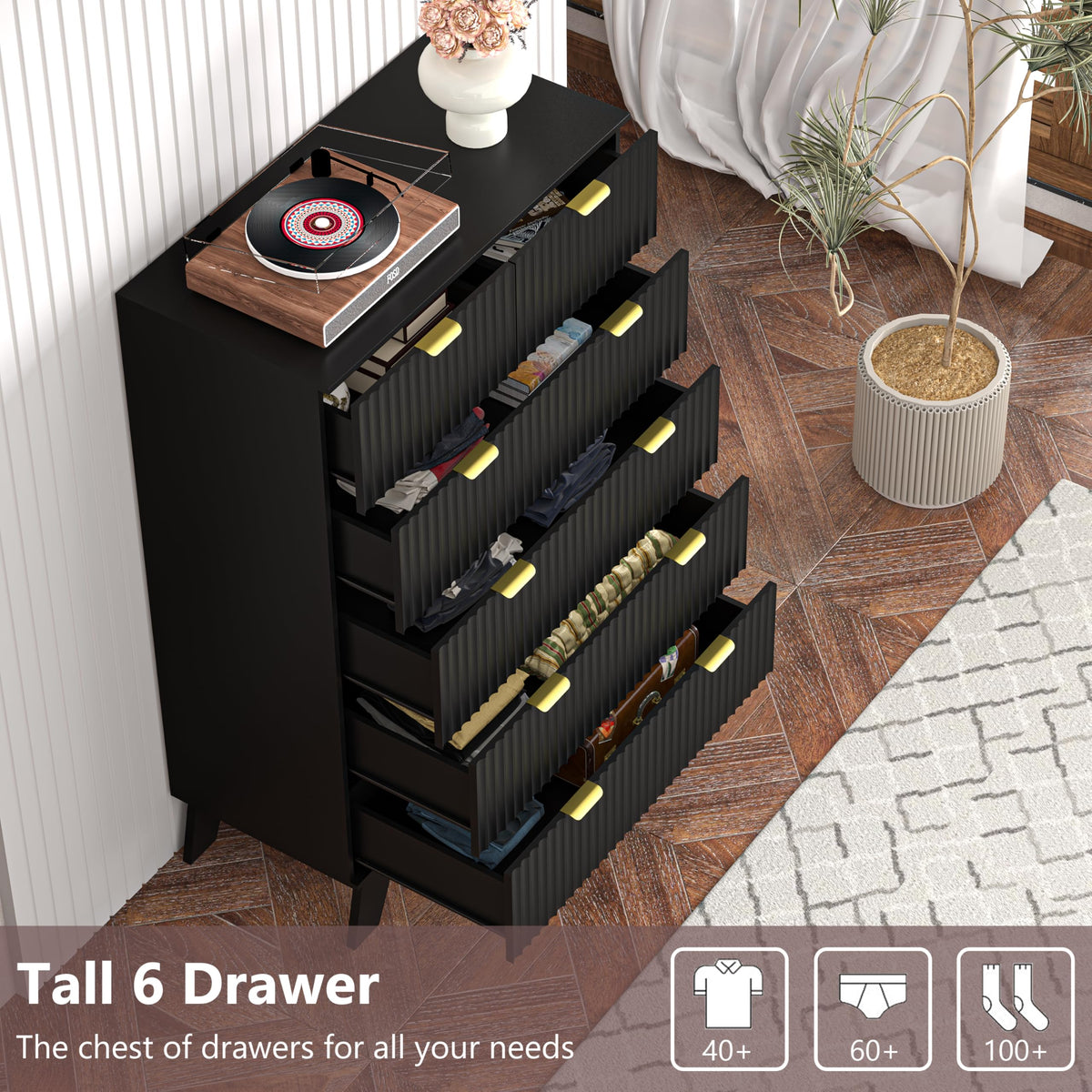 IAISRO 57-Inch Fluted 9-Drawer Dresser with Gold Handles