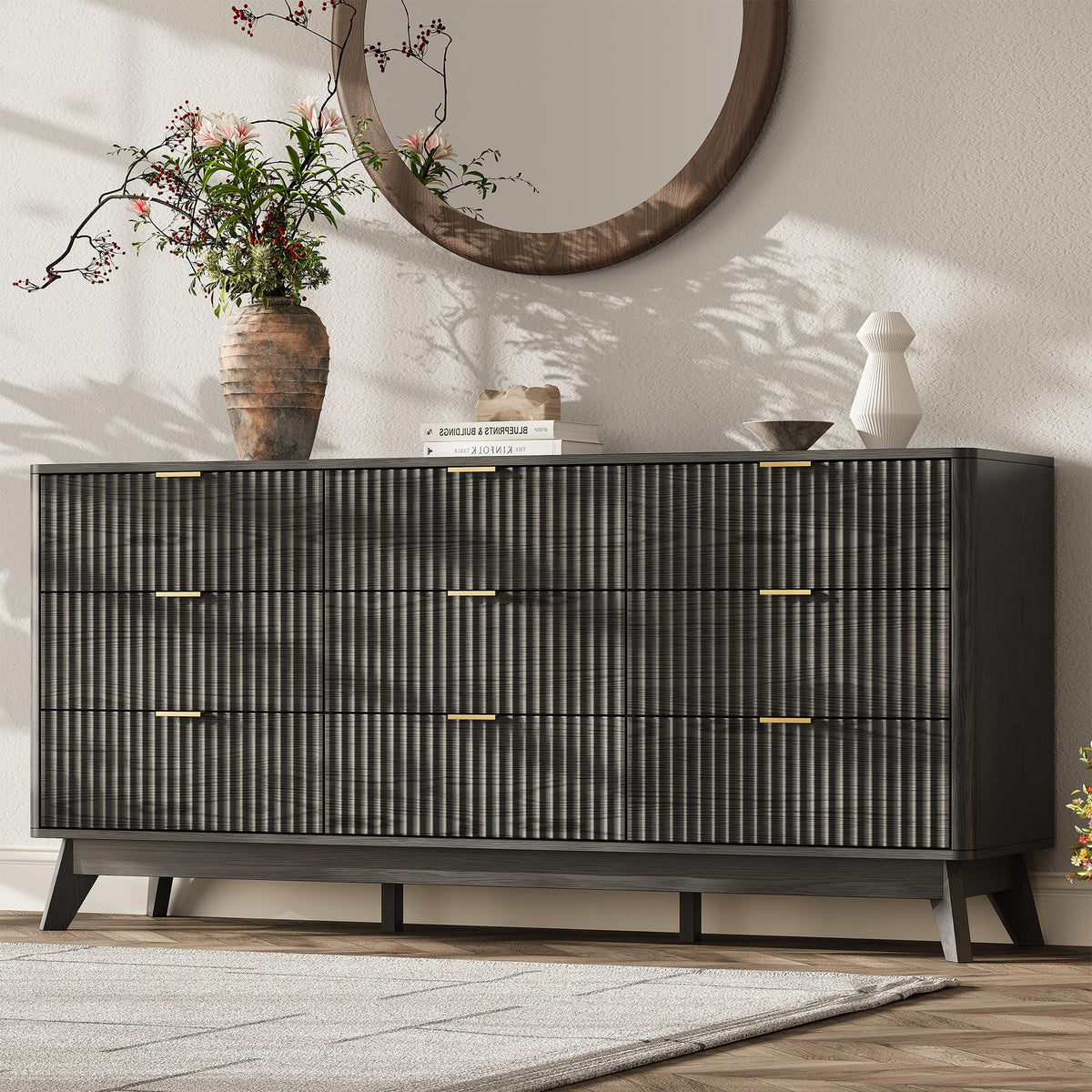 TROJM Fluted Bedroom Dresser with Curved Edge Design