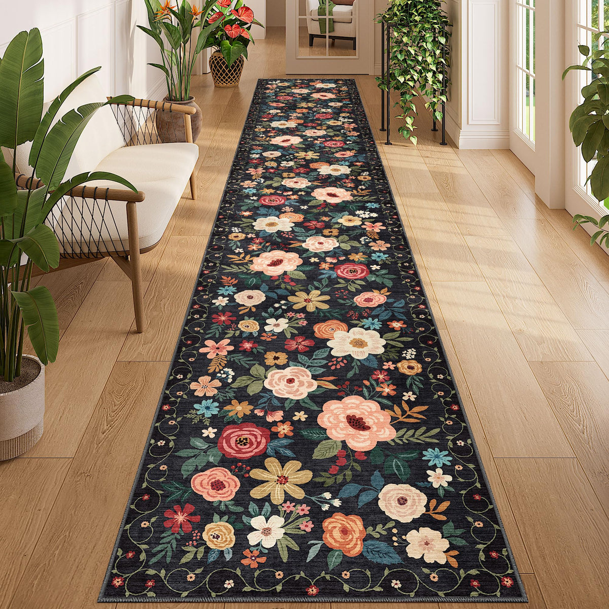 DUKINO Black Floral Area Rug for Modern Home Decor