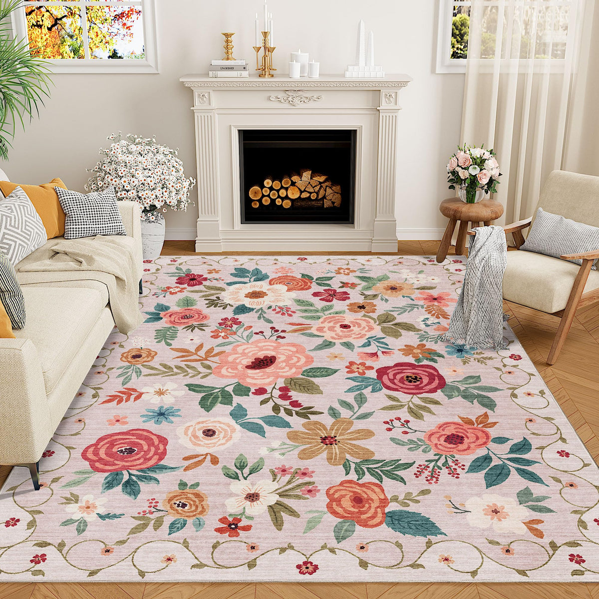 DUKINO Black Floral Area Rug for Modern Home Decor