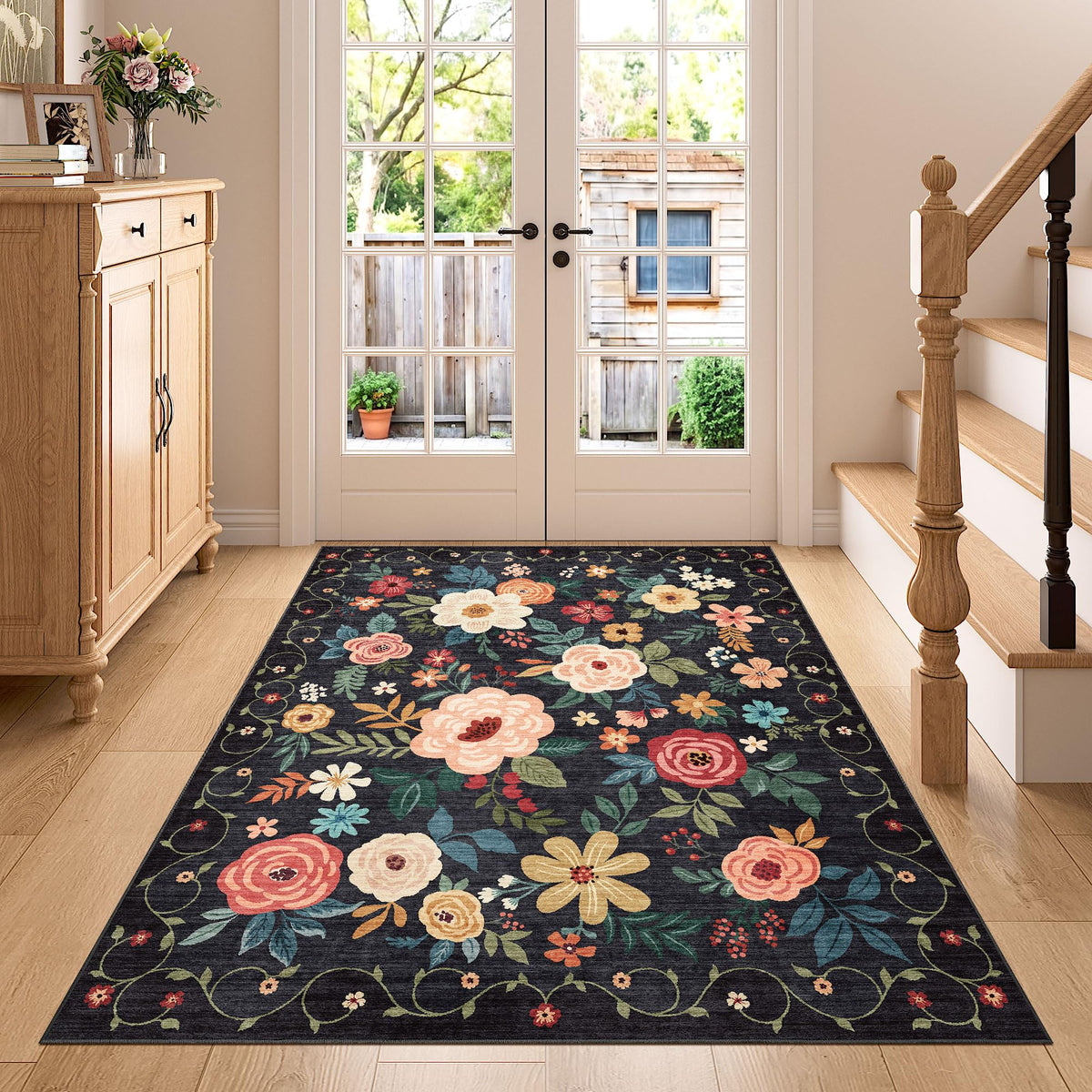DUKINO Black Floral Area Rug for Modern Home Decor