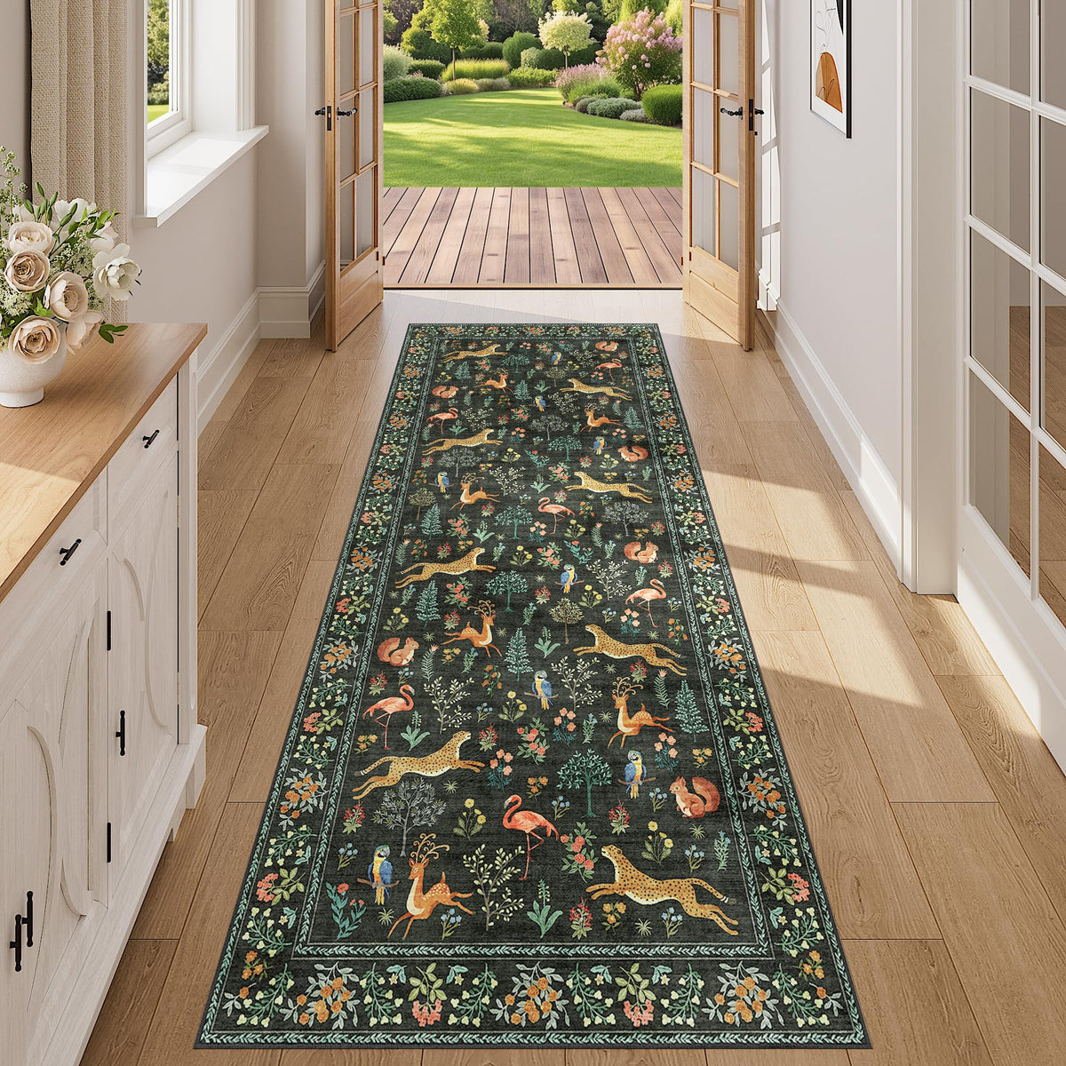 DUKINO Black Floral Area Rug for Modern Home Decor