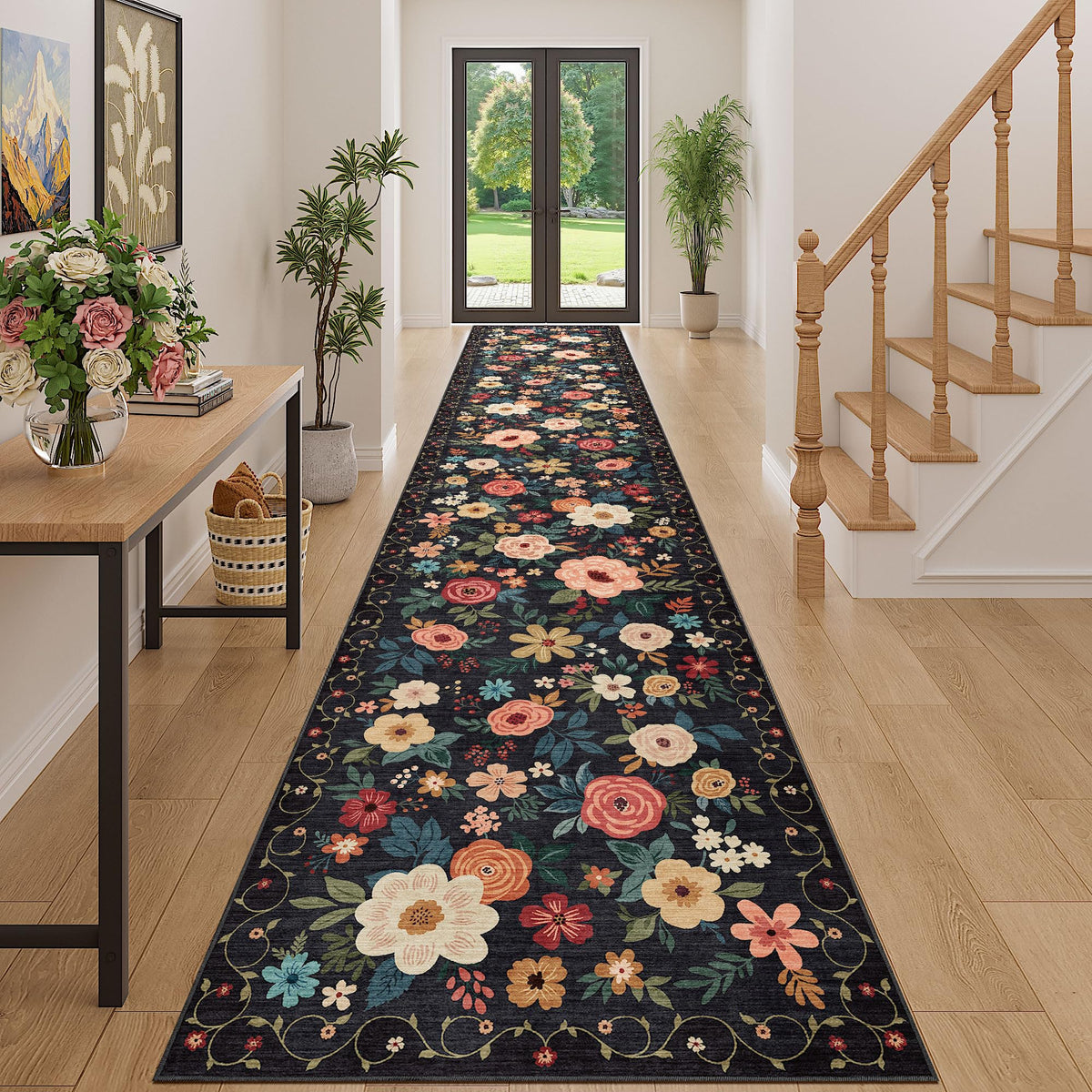 DUKINO Black Floral Area Rug for Modern Home Decor
