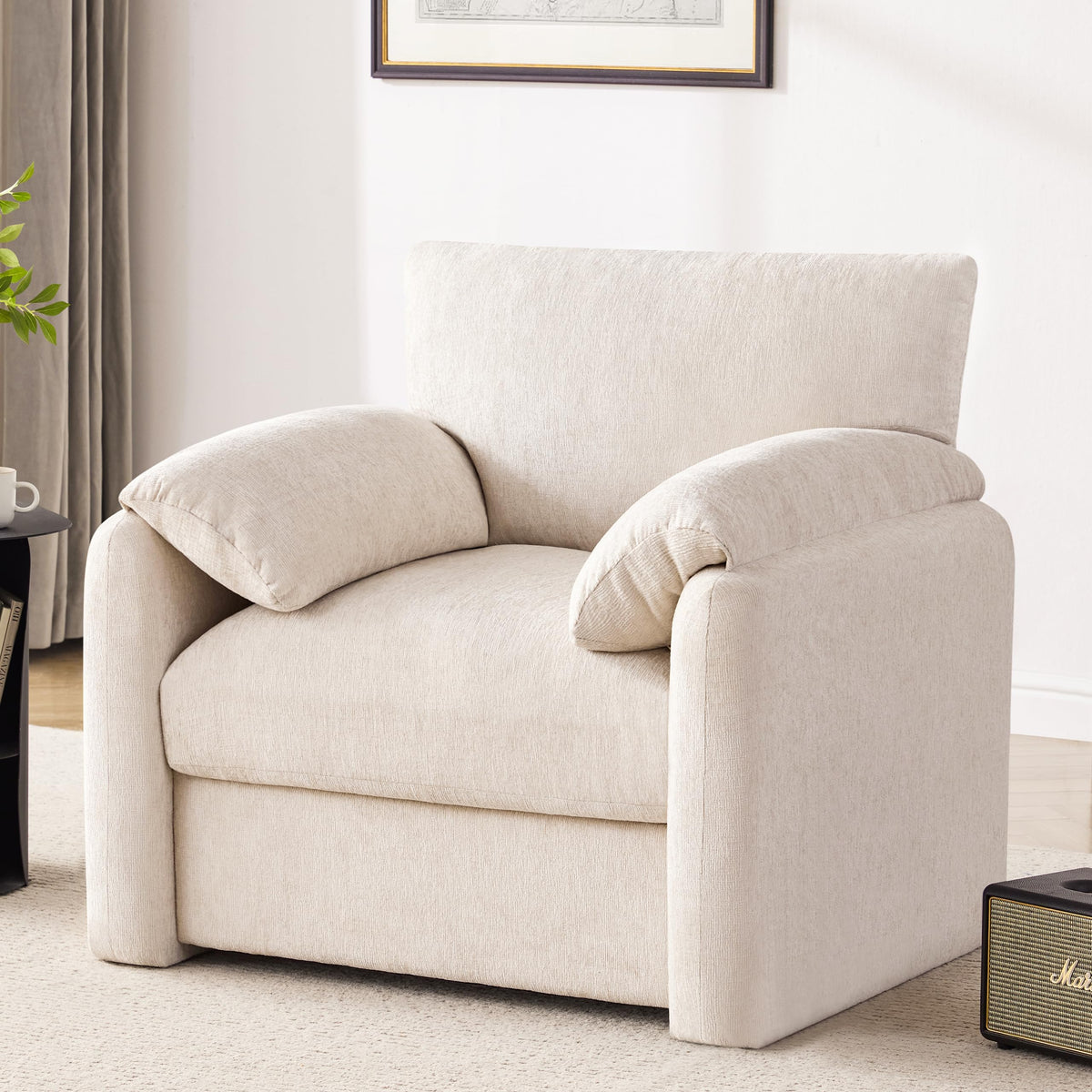 Chenille Oversized Armchair, 38.6" Wide Accent Chairs for Living Room & Bedroom Modern Lounge Chair, Upholstered Mid-Century Reading Chair, Comfy Living Room Chair, Single Sofa Chair, Beige