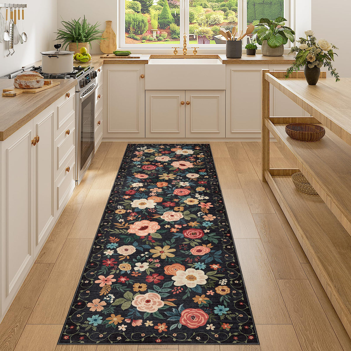DUKINO Black Floral Area Rug for Modern Home Decor
