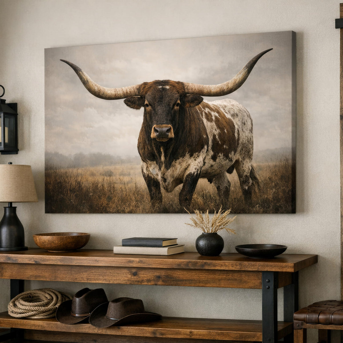 Framed Longhorn Bull Canvas Wall Art for Western Home Decor