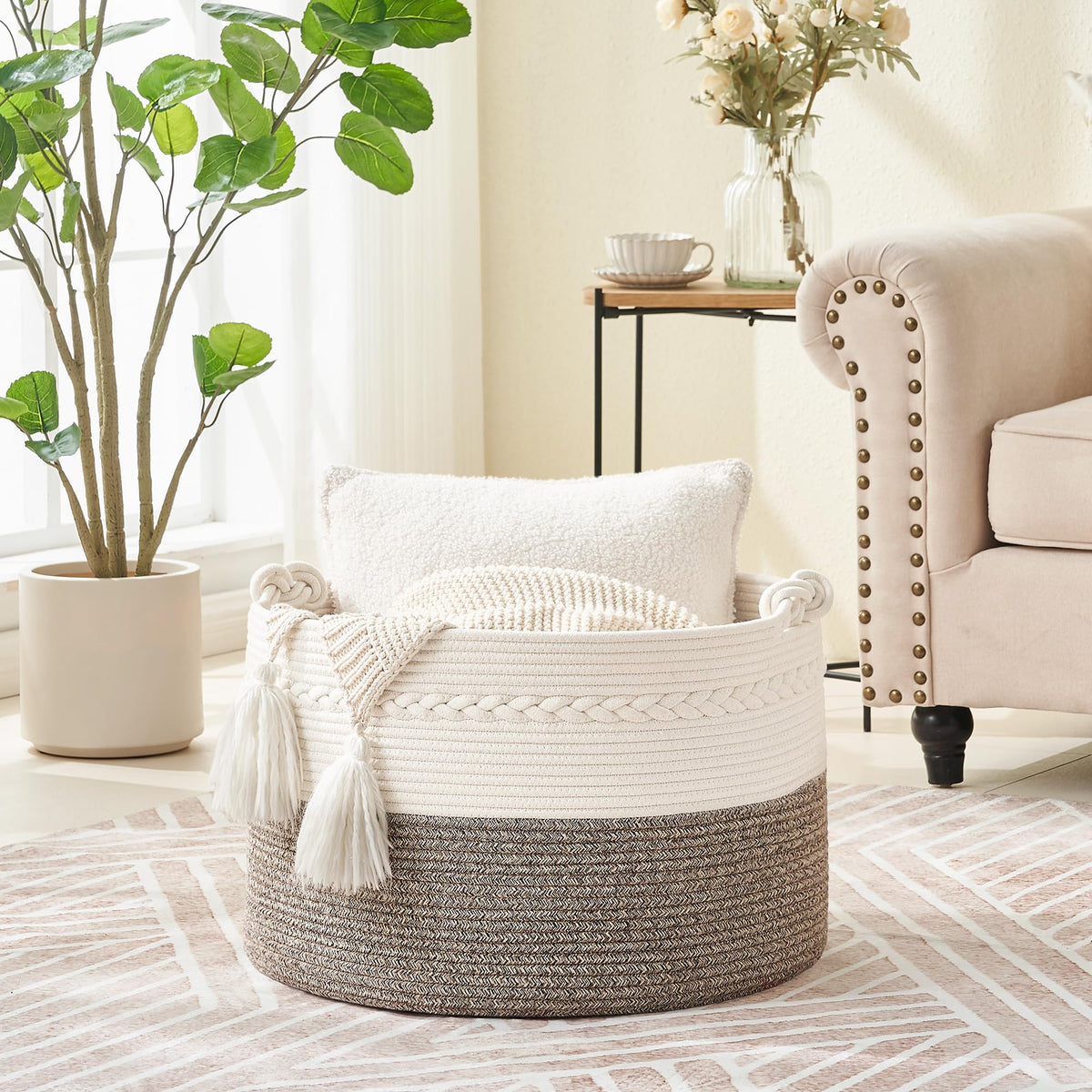 KAKAMAY 20 x 13-Inch Woven Cotton Rope Storage Basket