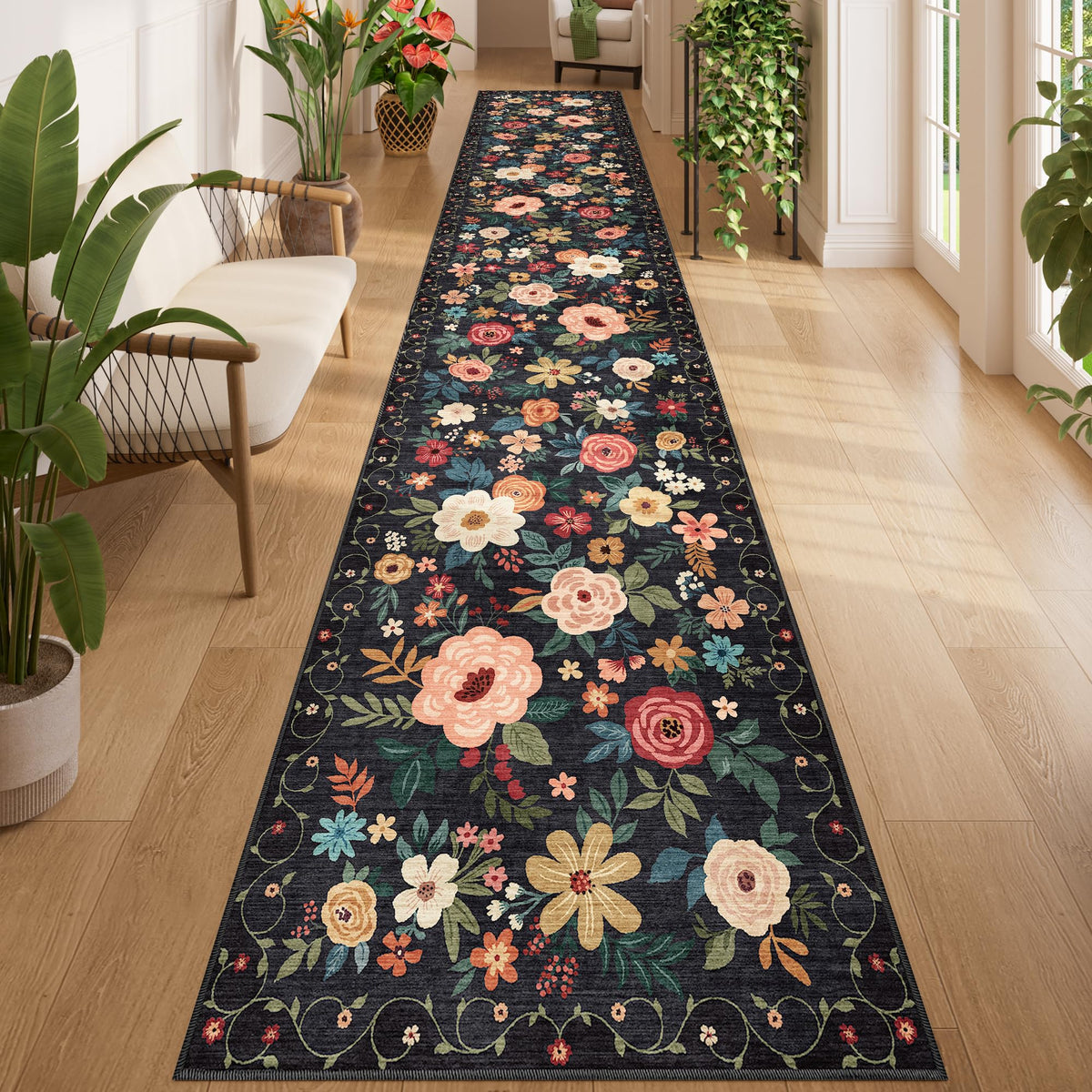 DUKINO Black Floral Area Rug for Modern Home Decor