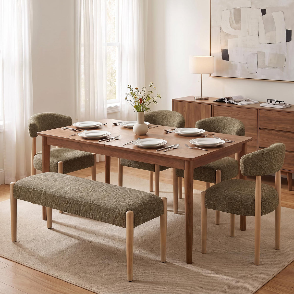 VKNOW Upholstered Dining Chairs, Set of 4 with Bench