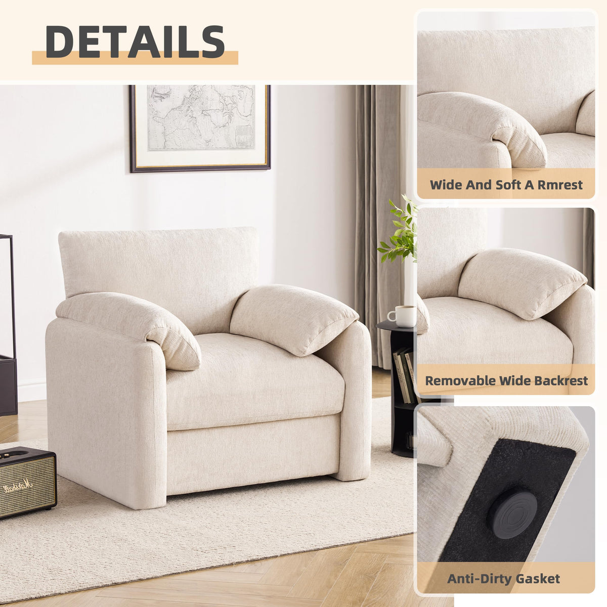 Chenille Oversized Armchair, 38.6" Wide Accent Chairs for Living Room & Bedroom Modern Lounge Chair, Upholstered Mid-Century Reading Chair, Comfy Living Room Chair, Single Sofa Chair, Beige