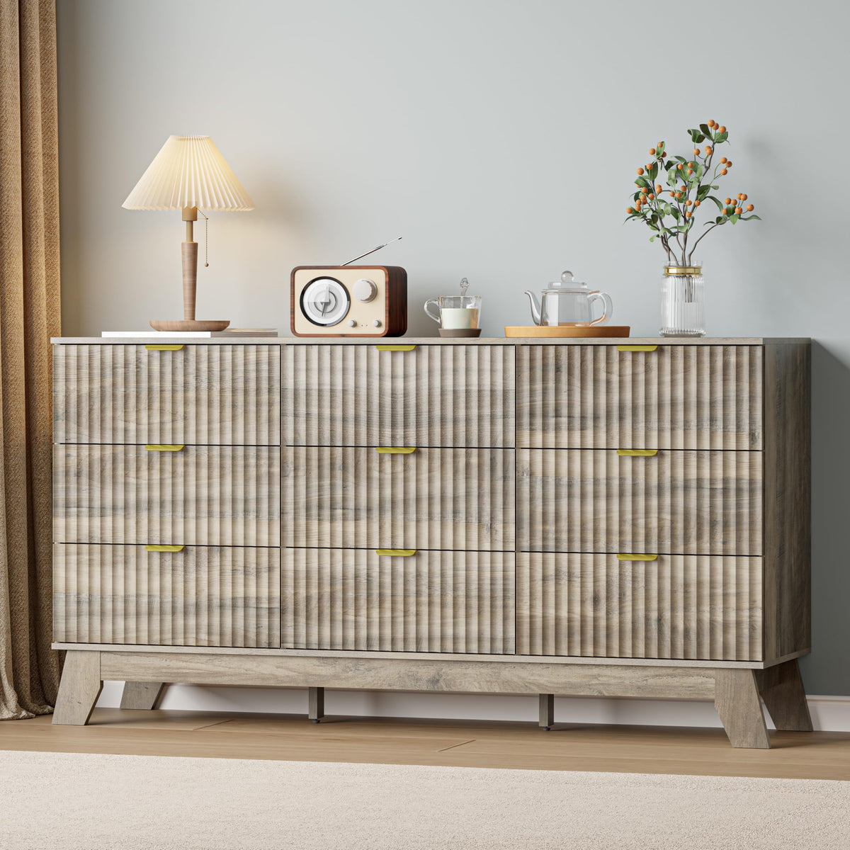 IAISRO 57-Inch Fluted 9-Drawer Dresser with Gold Handles